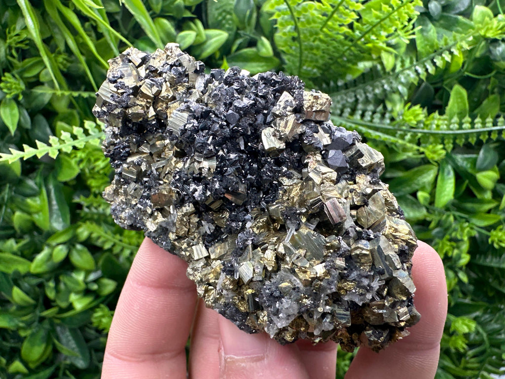 Rainbow Pyrite Cluster on Sphalerite, Quartz, Borieva Mine