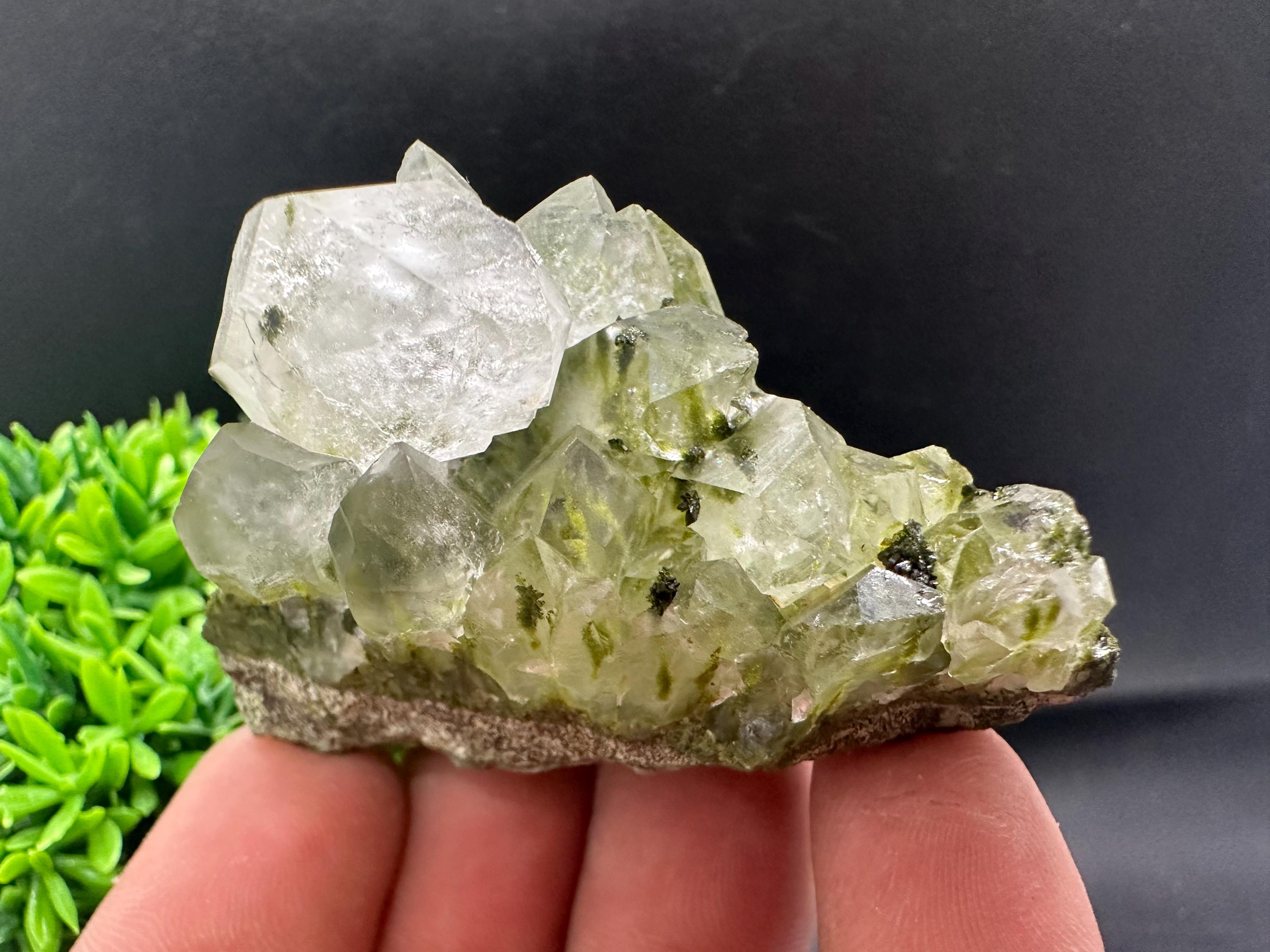 Rare Green Epidote with Quartz Crystals: Sparkly Rainbow Mineral Decor