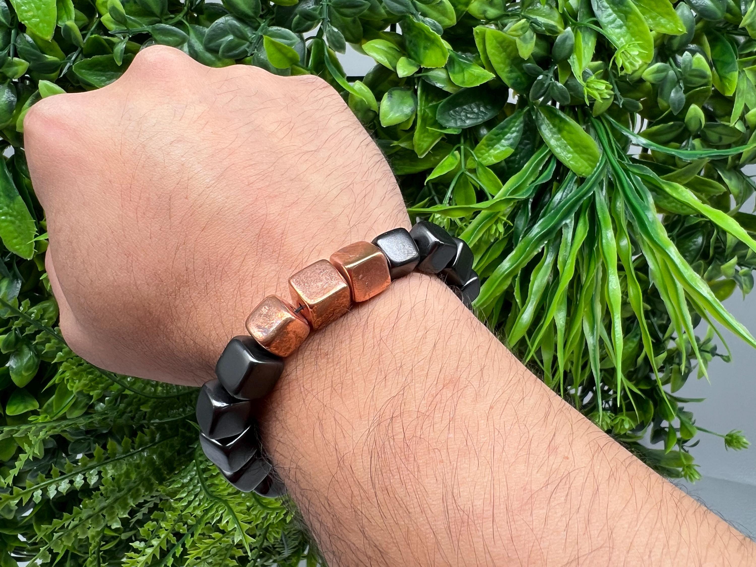 Shungite Cube Bead Bracelet: Copper Accents, Healing Protection