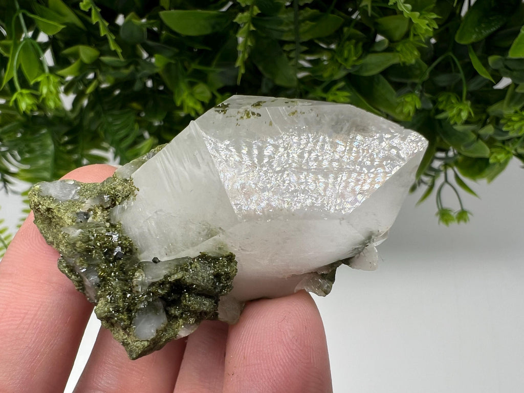 Rare Green Epidote with Quartz Crystals, Sparkly Rainbow Stone, Turkey