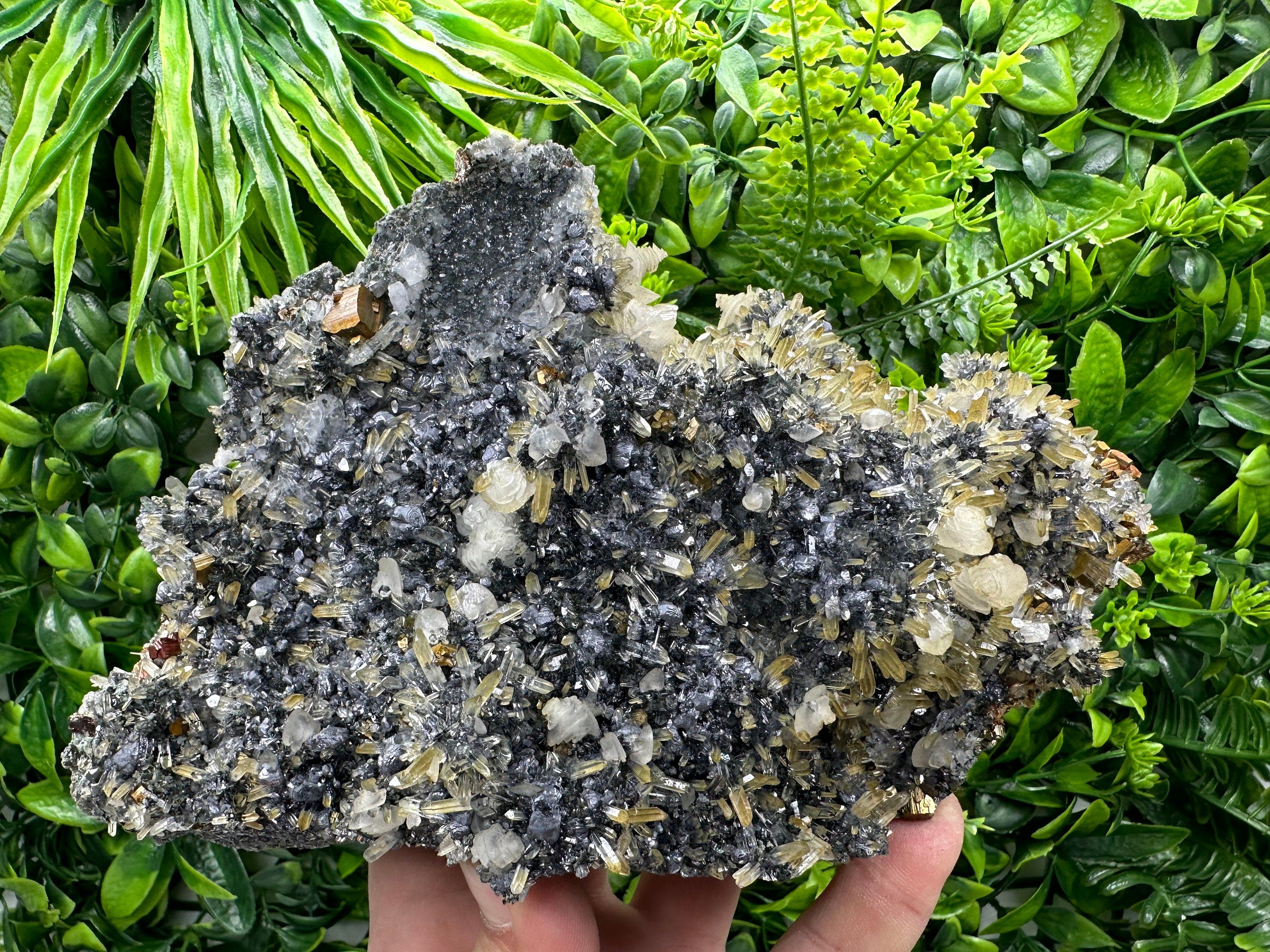 Pyrite Galena Calcite Sphalerite on Quartz Crystal: Borieva Bulgaria Decor Stone