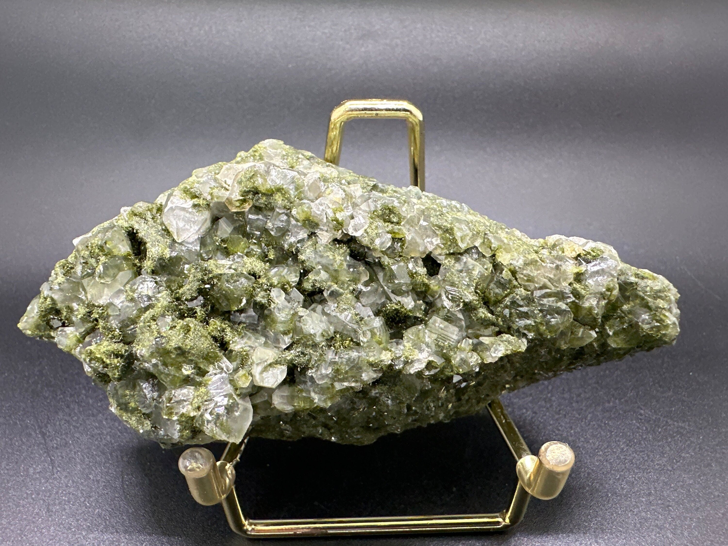 Rare Green Epidote with Quartz Crystals: Sparkly Rainbow Mineral Decor