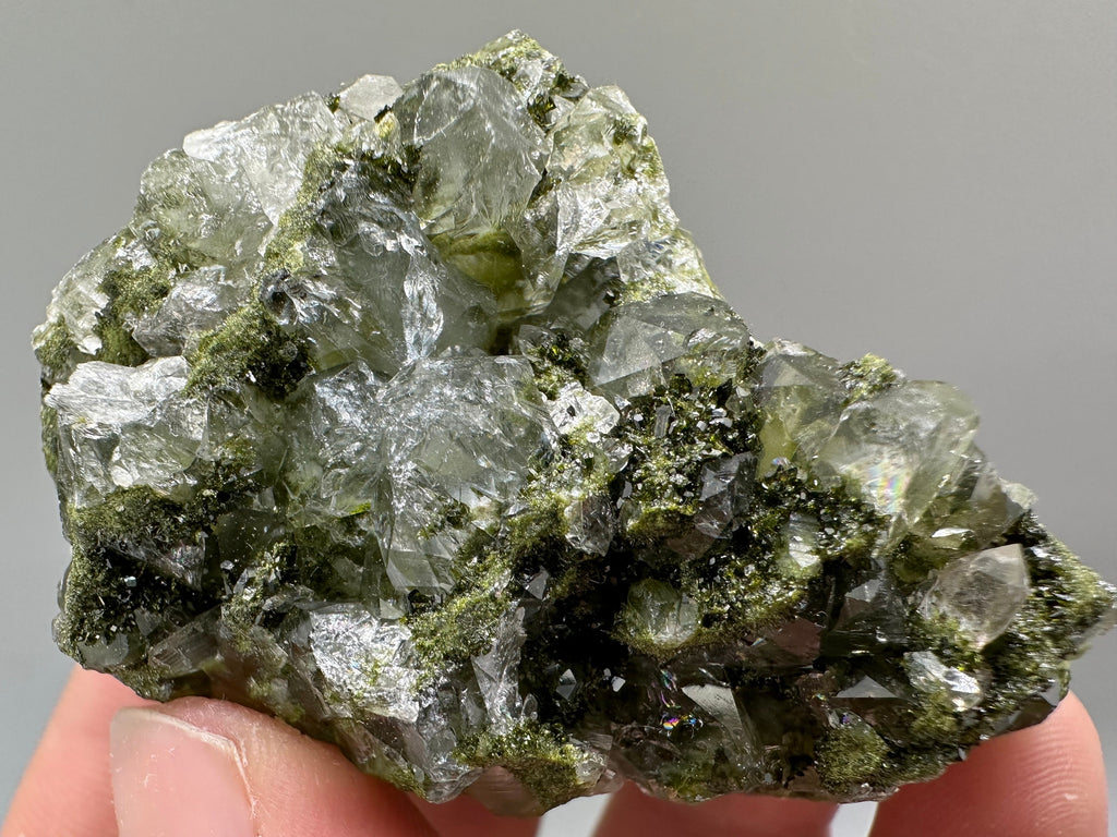 Rare Green Epidote with Quartz Crystals: Sparkly Rainbow Mineral Decor