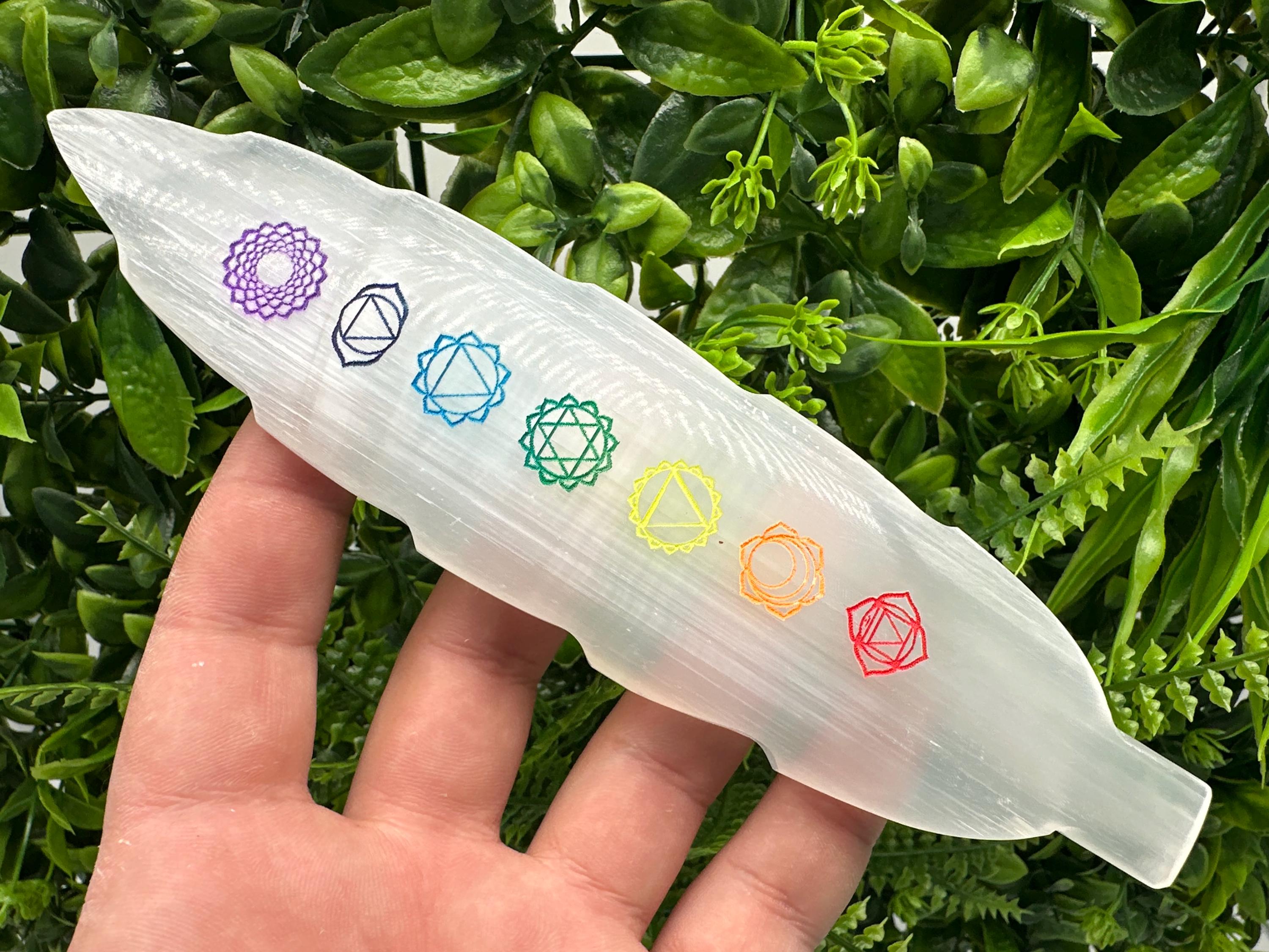 Selenite Chakra Charging Plate: Cleansing Wand Bar, 7 Chakra Ruler
