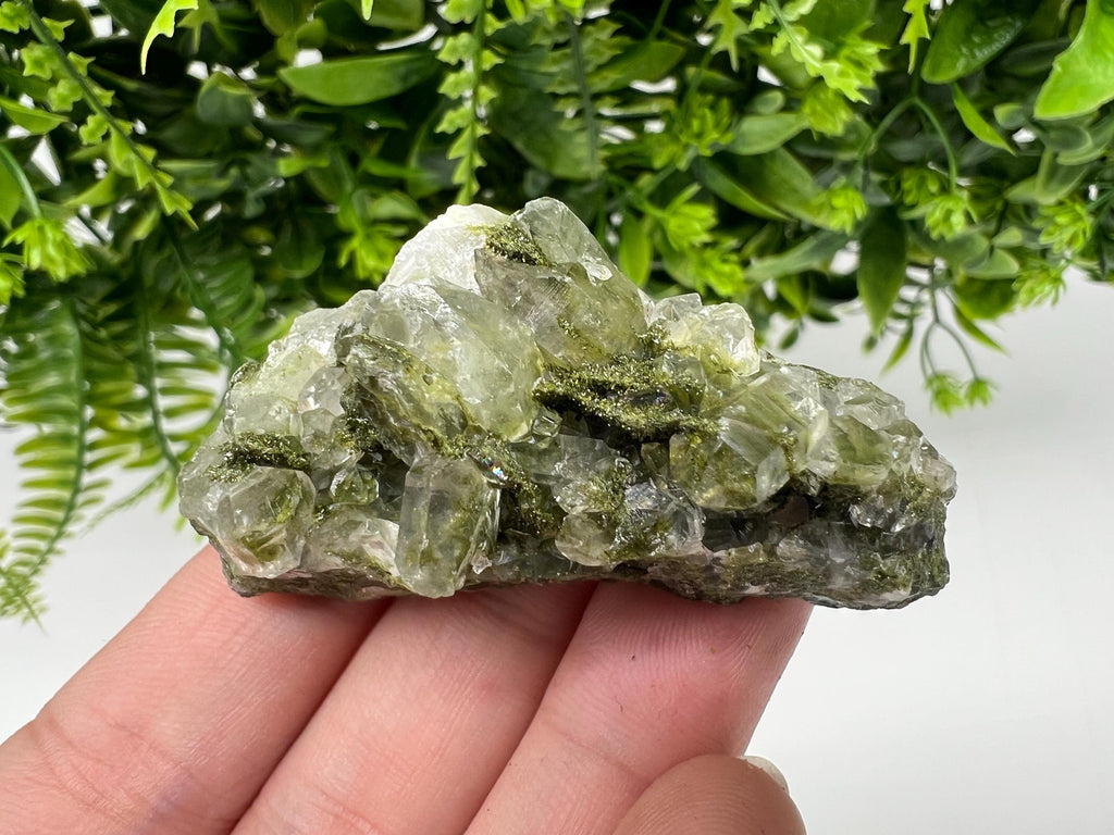 Green Epidote with Quartz Crystals: Sparkly Rainbow Stone, Turkey