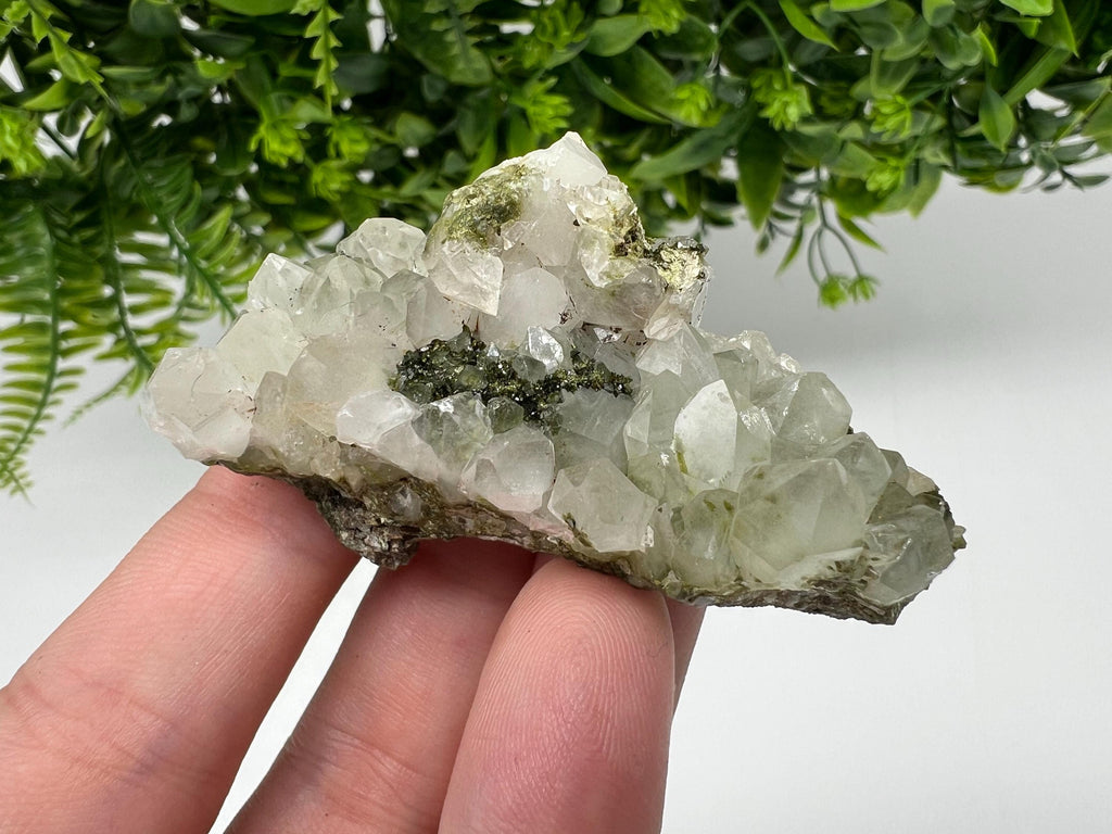 Rare Green Epidote with Quartz Crystals - Sparkly Rainbow Mineral Decor