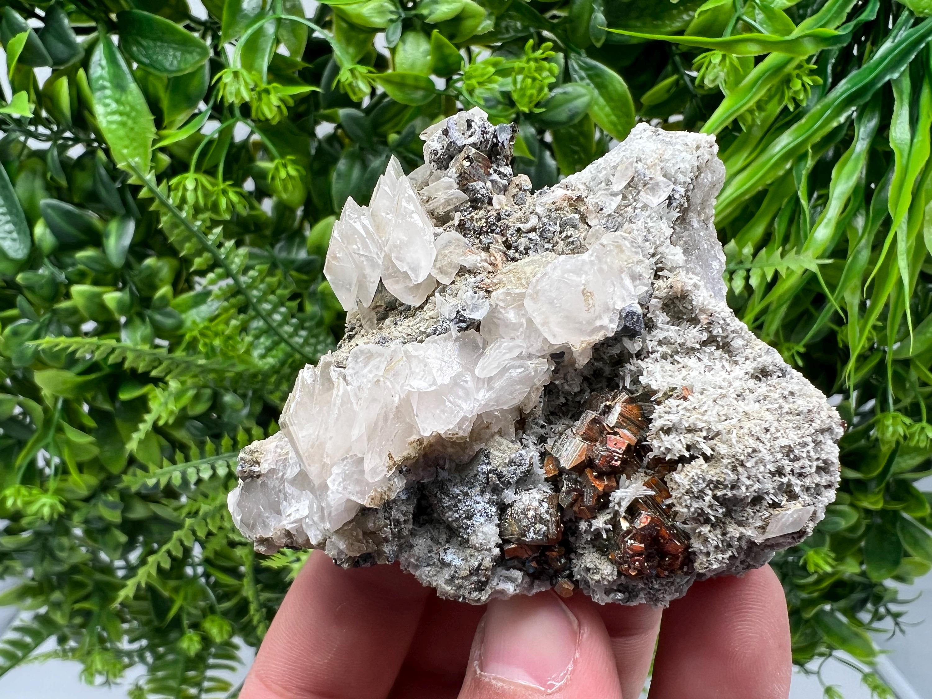 Wonderful Red Pyrite,Calcite on Quartz from Borieva mine,Madan,Bulgaria,natural,collectible mineral specimen,home decor stone,gift minerals
