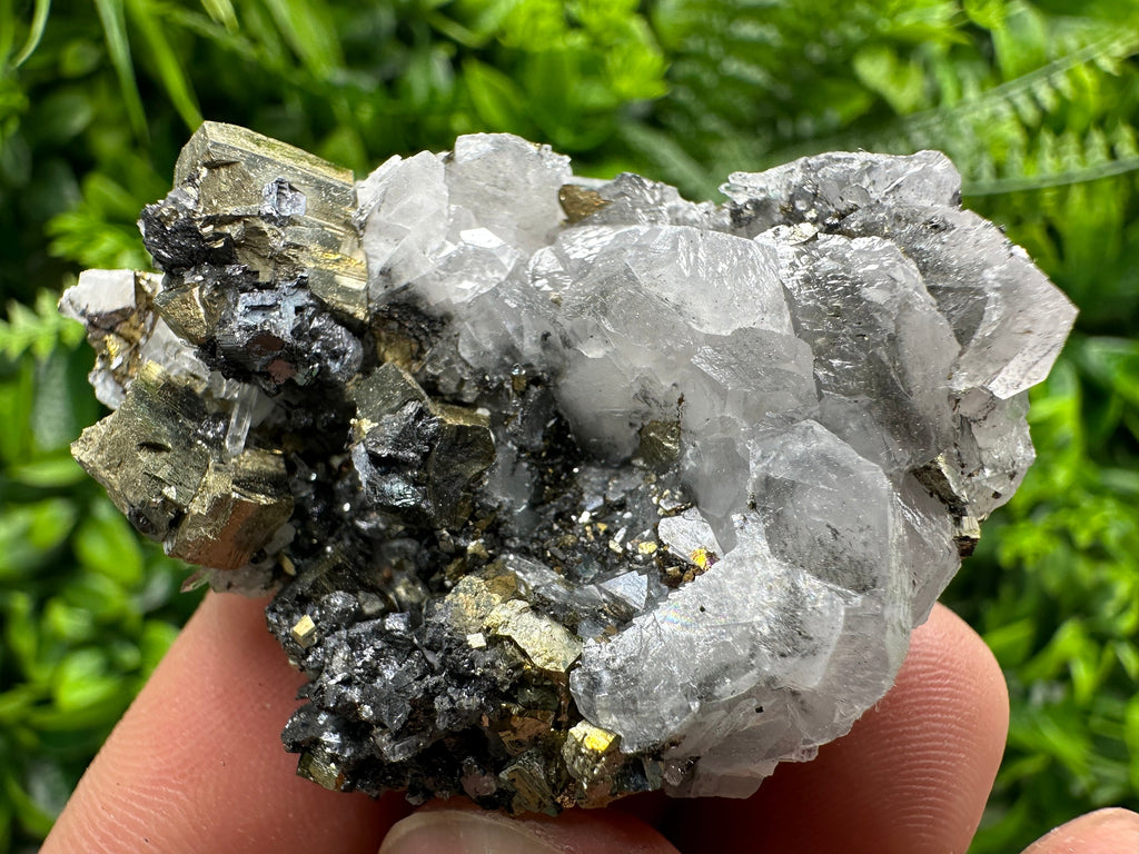 Rainbow Pyrite on Calcite Cluster - Borieva Mine, Bulgaria