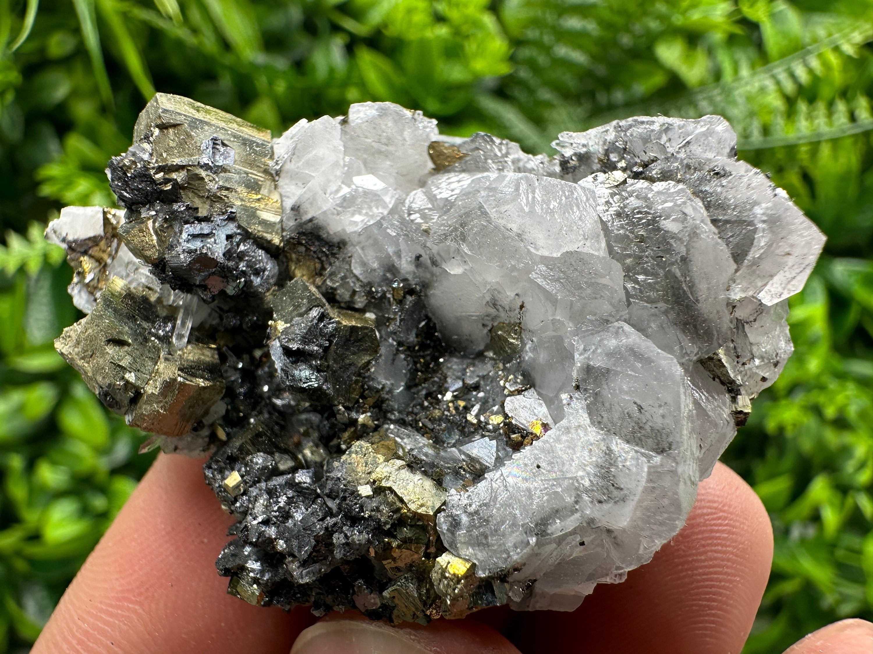 Rainbow Pyrite on Calcite Cluster - Borieva Mine, Bulgaria
