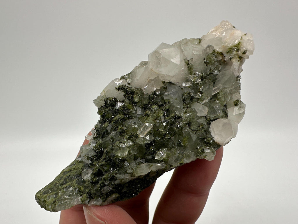 Rare Green Epidote with Quartz Crystals: Sparkly Rainbow Mineral Decor