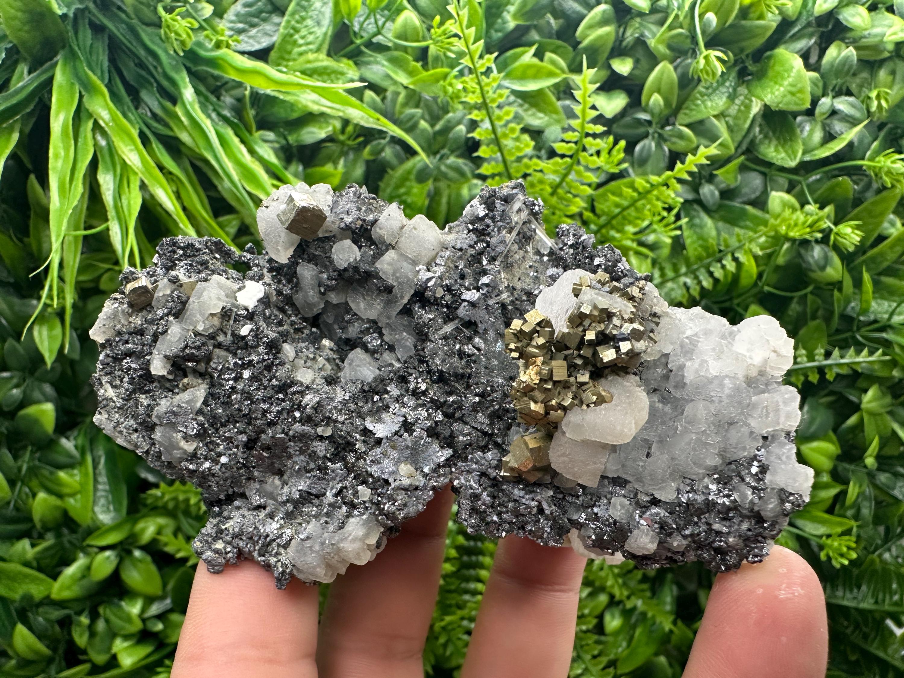 Calcite Quartz Pyrite on Sphalerite, Natural Mineral Specimen