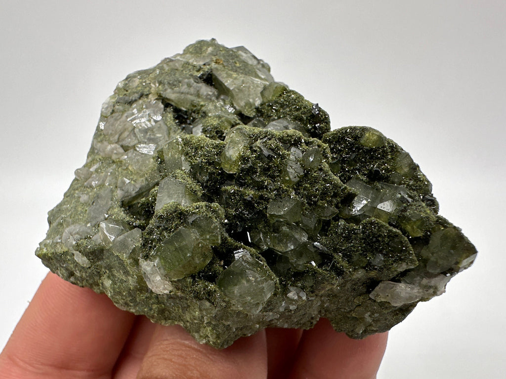 Rare Green Epidote with Quartz Crystals: Sparkly Rainbow Mineral Decor