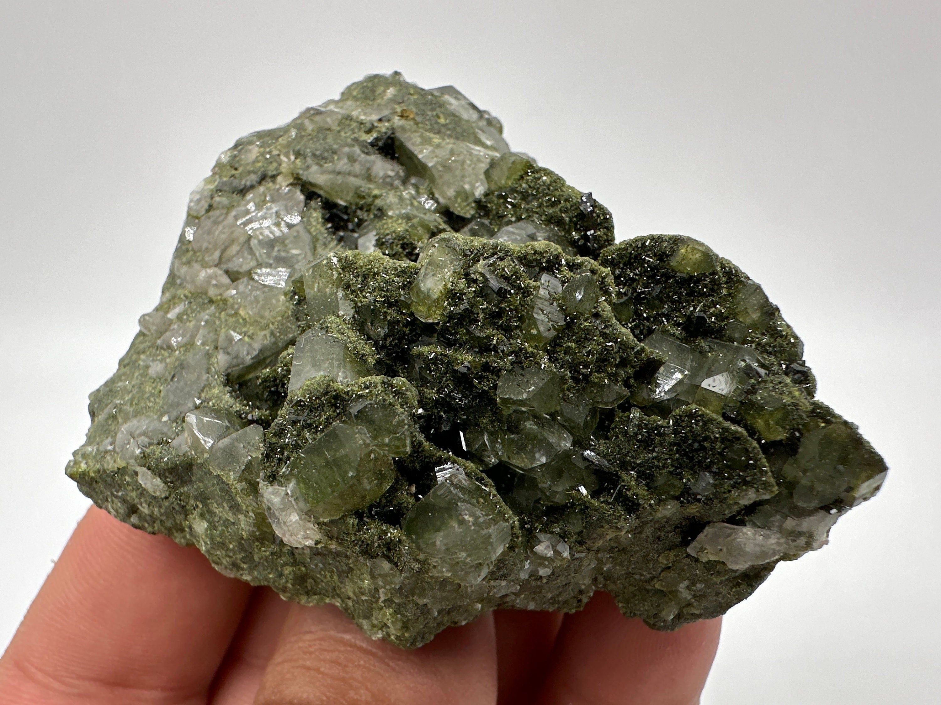 Rare Green Epidote with Quartz Crystals: Sparkly Rainbow Mineral Decor
