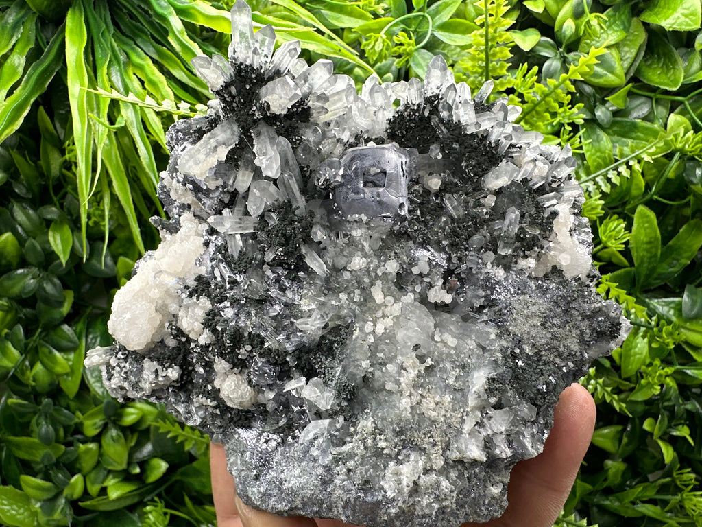Galena on Quartz with Chlorite and Calcite: Natural Crystal Decor