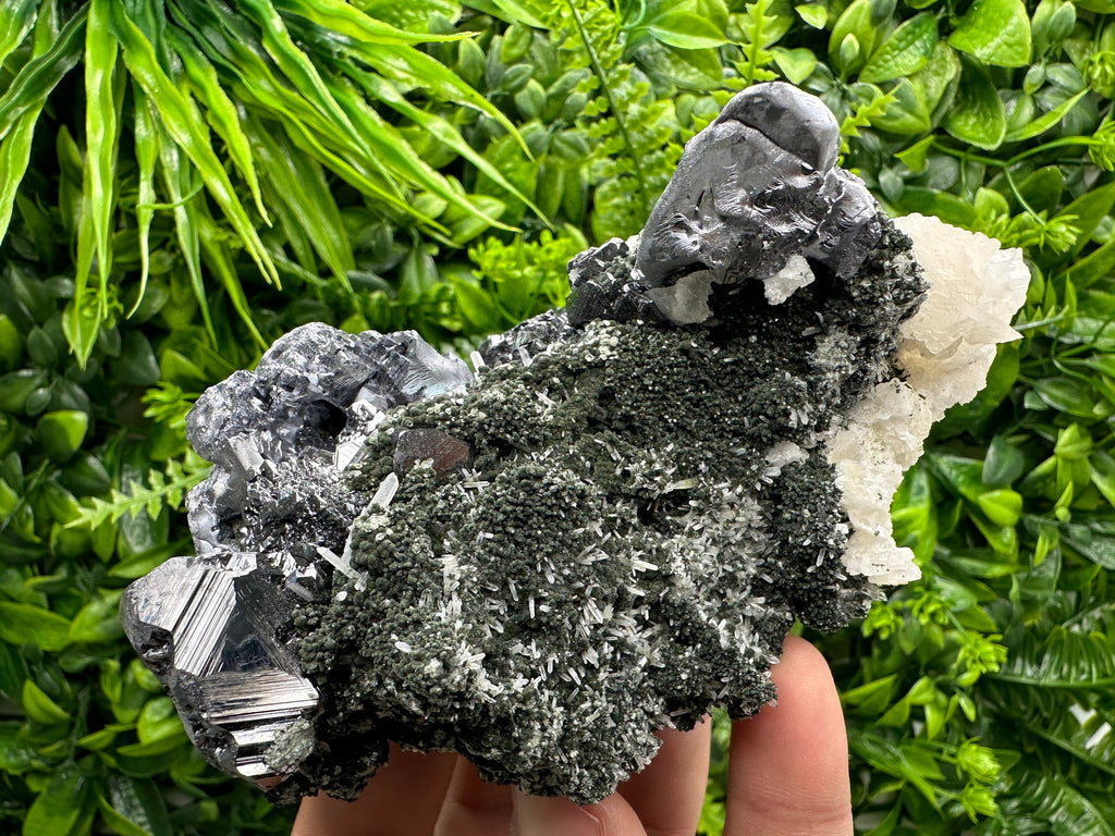 Galena Sphalerite Mineral Specimen, Calcite on Quartz, Bulgarian Crystal