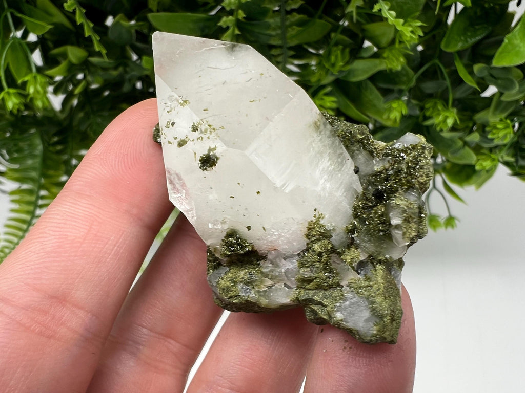 Rare Green Epidote with Quartz Crystals, Sparkly Rainbow Stone, Turkey
