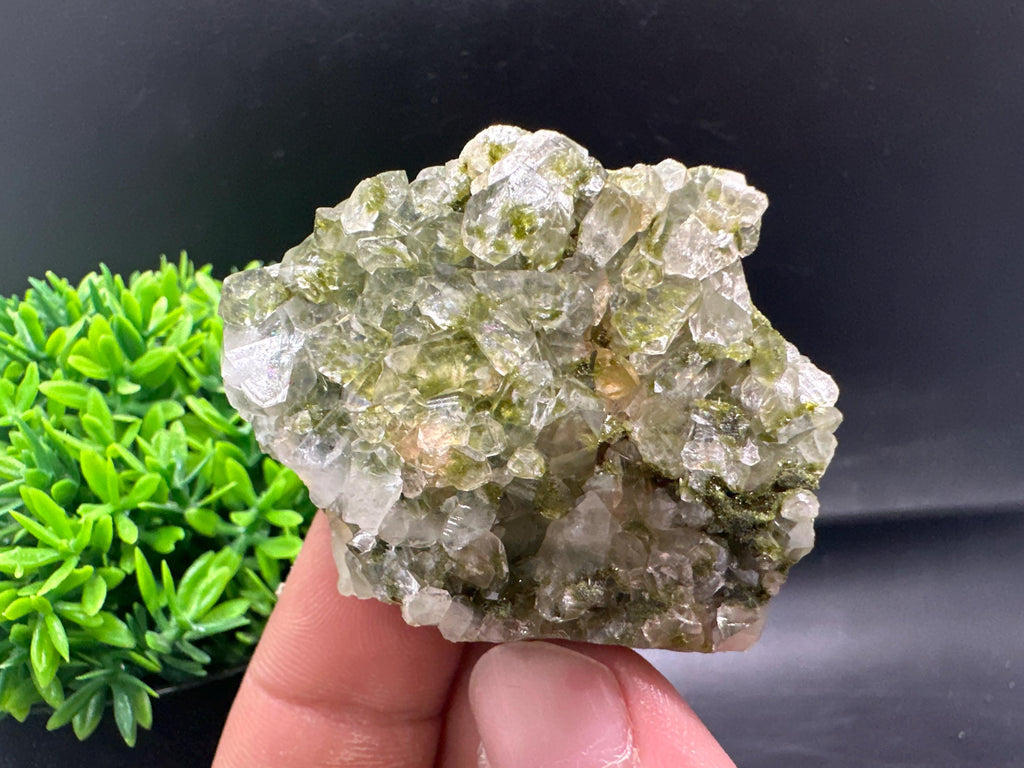 Rare Green Epidote with Quartz Crystals: Sparkly Rainbow Mineral Decor
