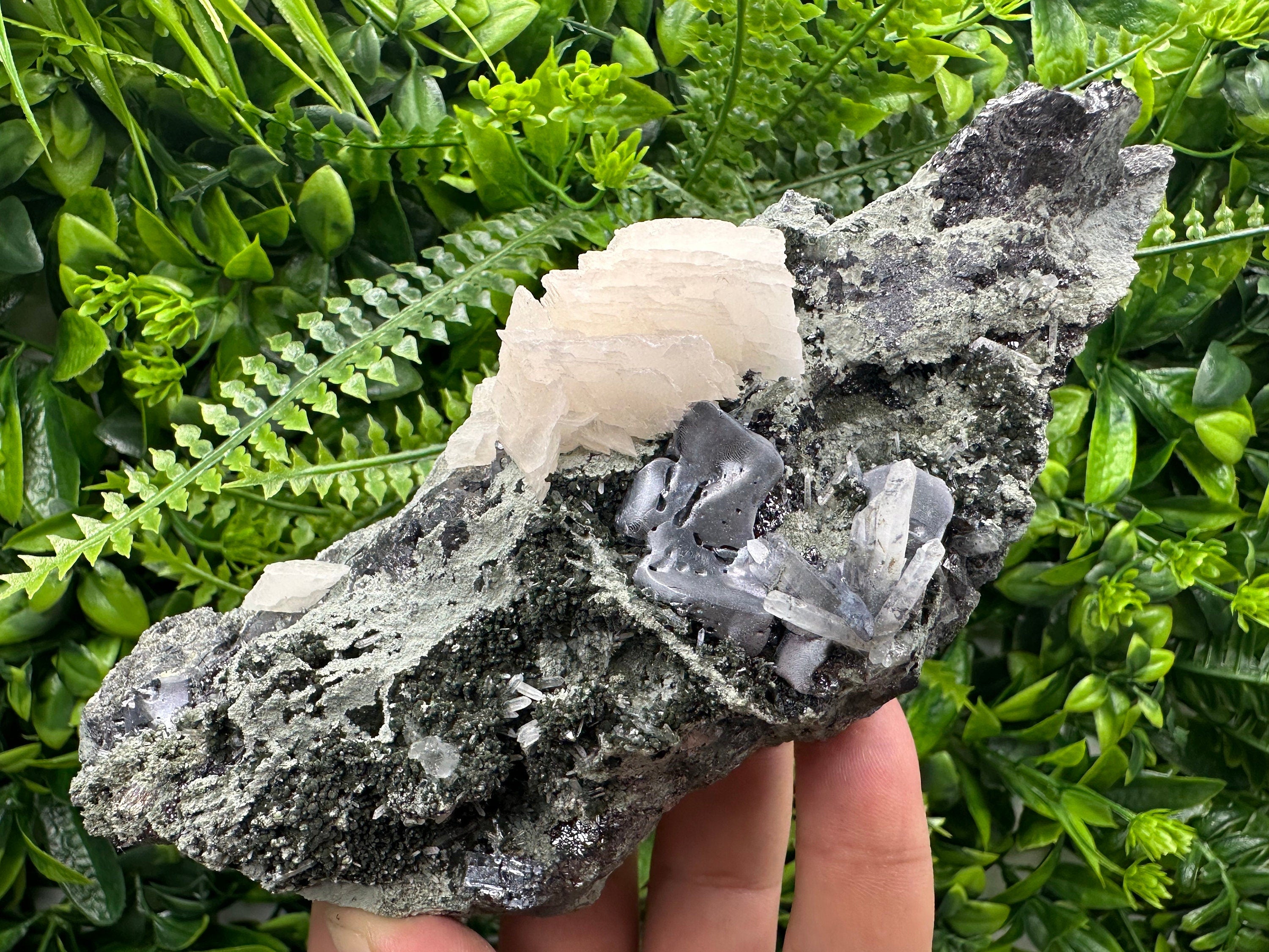 Galena Calcite on Quartz Cluster, Borieva Mine Mineral Specimen