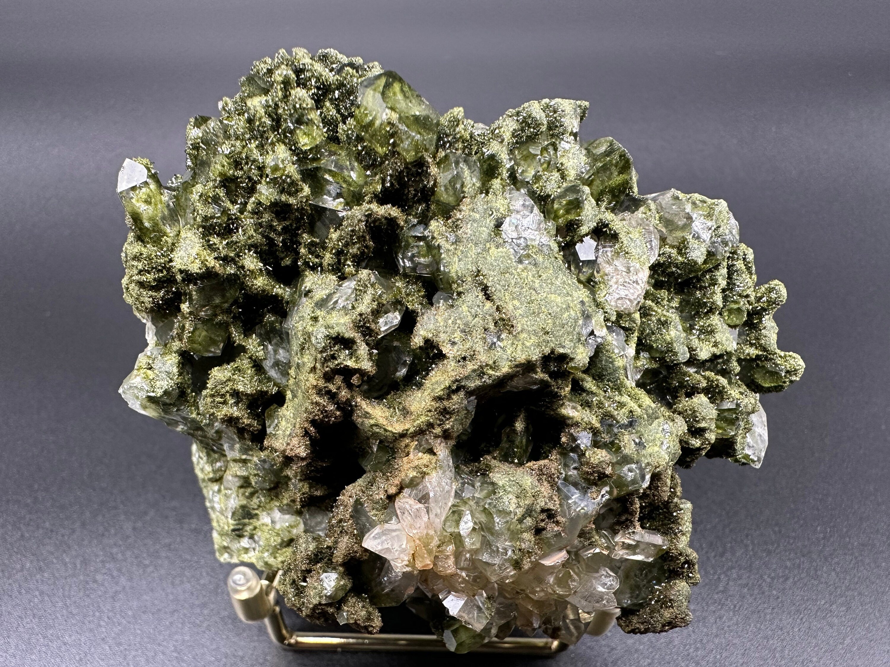 Rare Green Epidote with Quartz Crystals: Sparkly Rainbow Mineral Decor