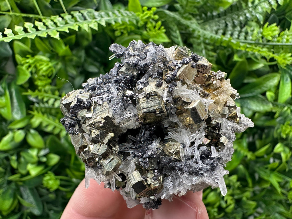 Rainbow Pyrite Cluster on Sphalerite Quartz, Borieva Mine Mineral Specimen