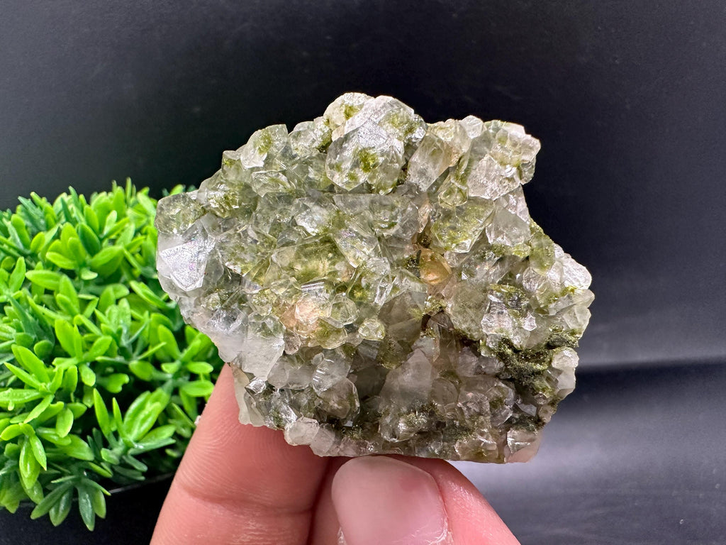 Rare Green Epidote with Quartz Crystals: Sparkly Rainbow Mineral Decor