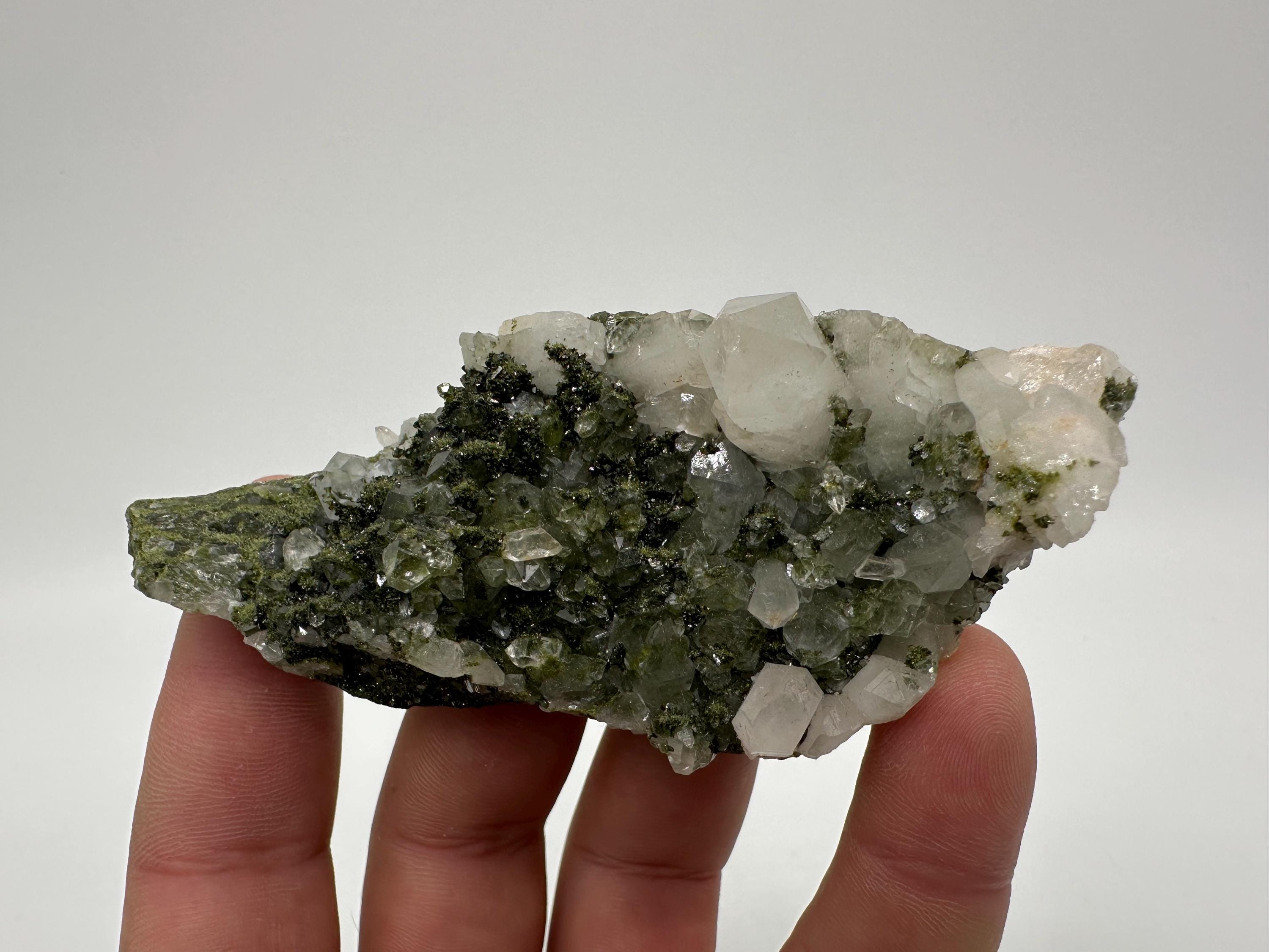Rare Green Epidote with Quartz Crystals: Sparkly Rainbow Mineral Decor