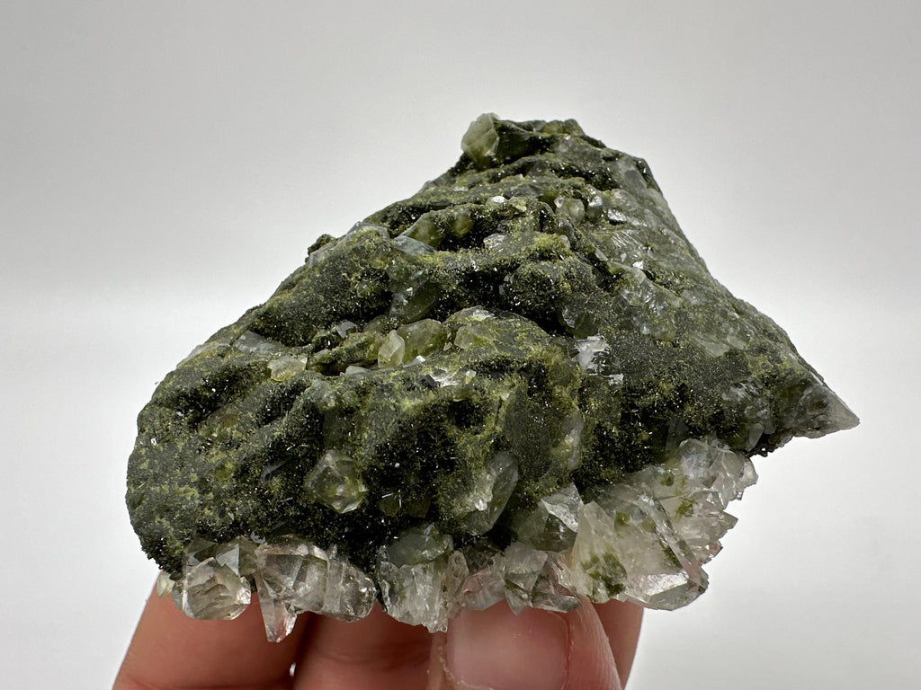 Rare Green Epidote with Quartz Crystals: Sparkly Rainbow Mineral Decor