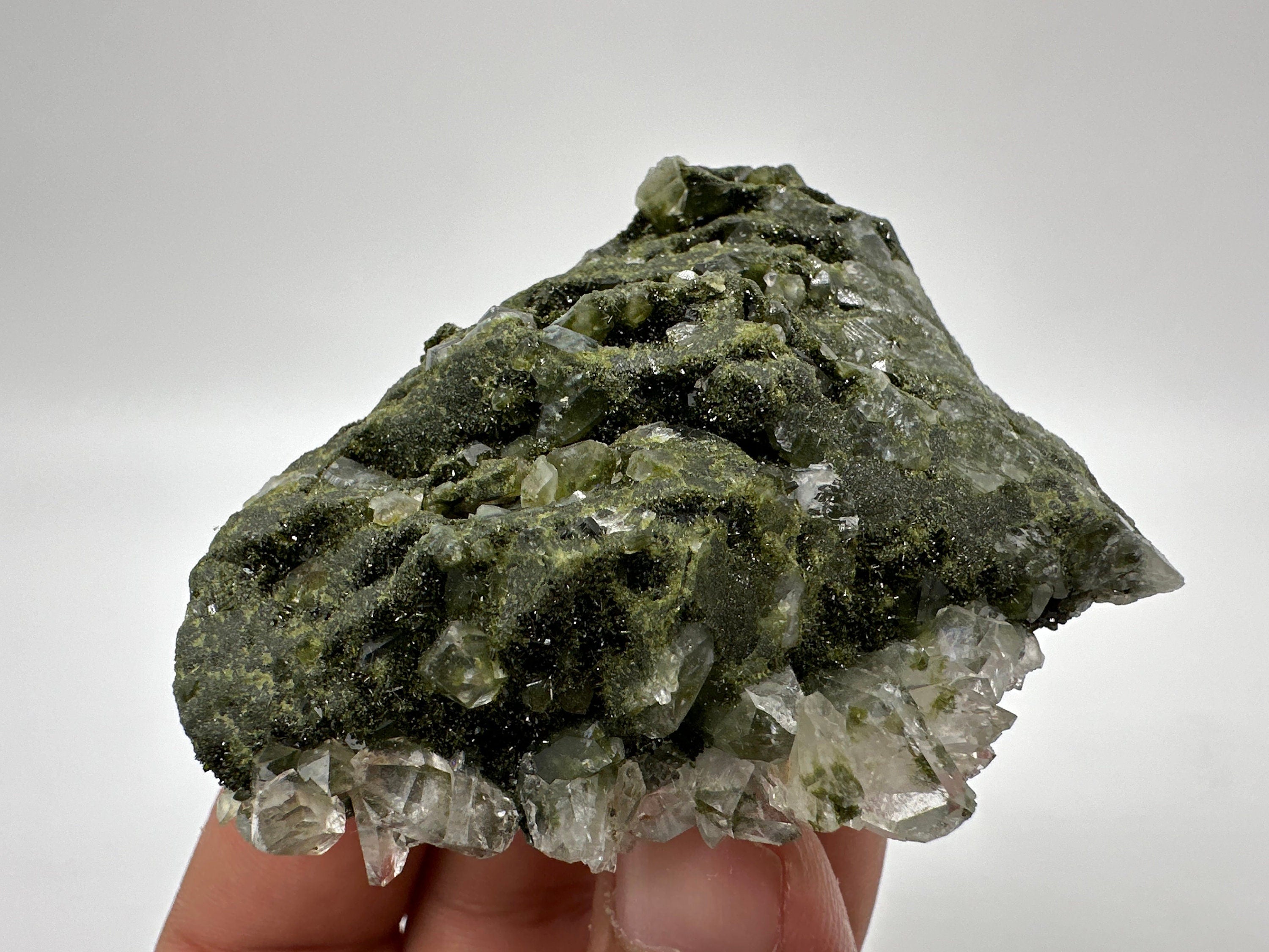 Rare Green Epidote with Quartz Crystals: Sparkly Rainbow Mineral Decor
