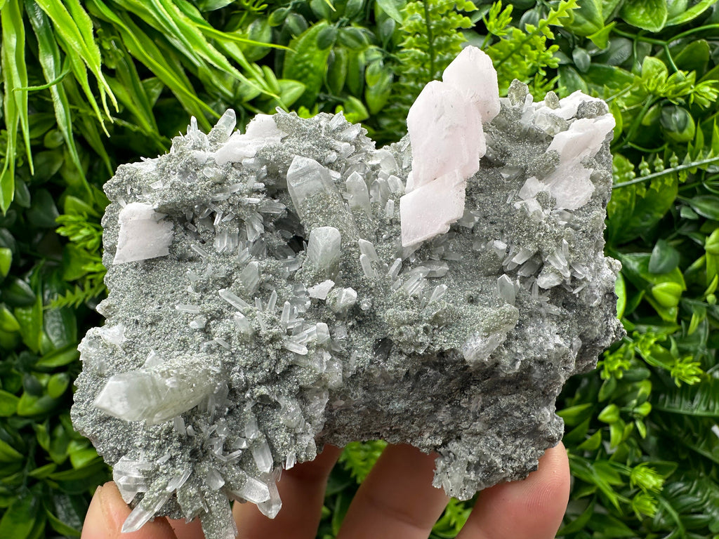Mangano Calcite on Quartz with Chlorite, Borieva Mine Mineral Specimen