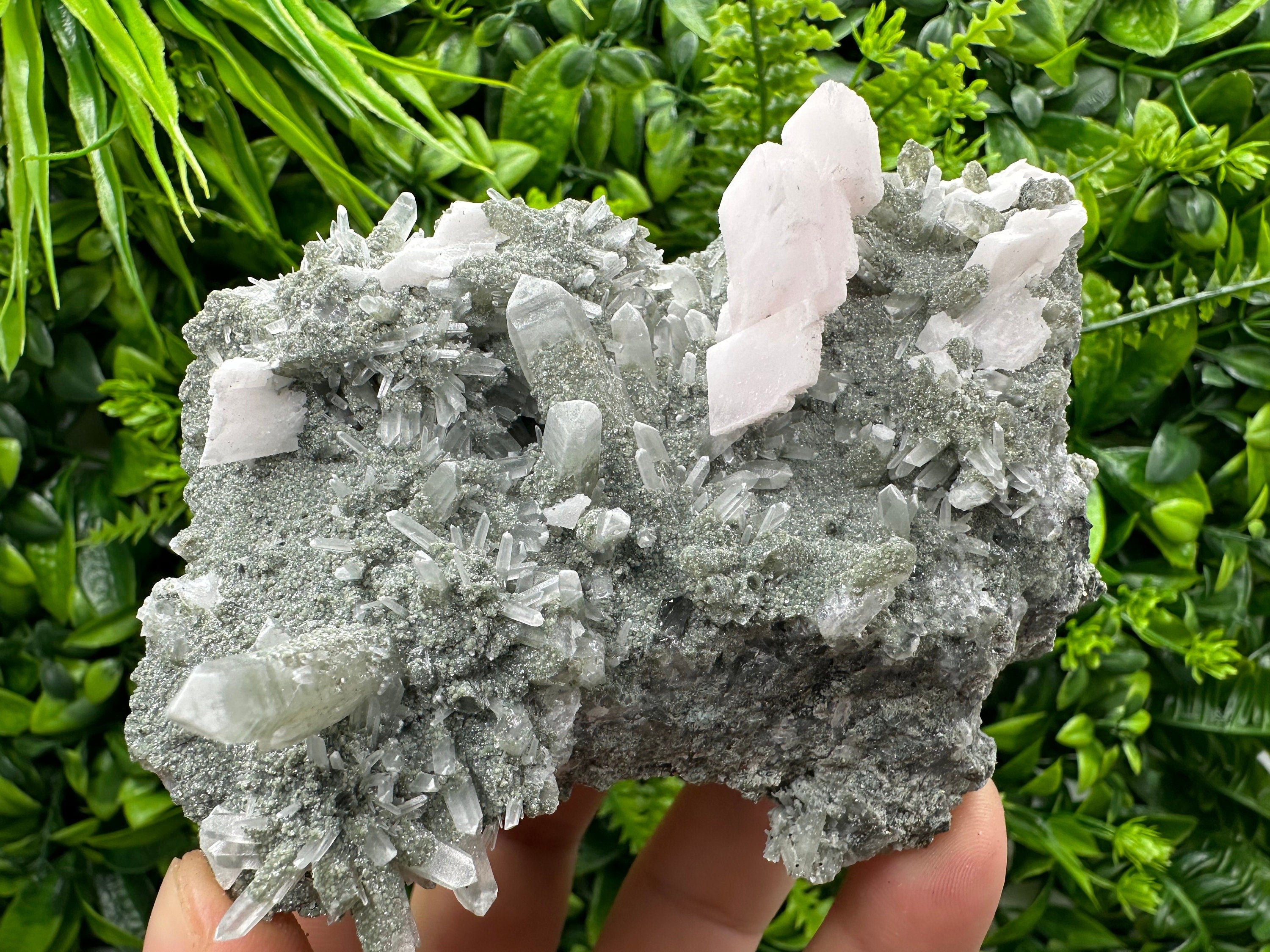 Mangano Calcite on Quartz with Chlorite, Borieva Mine Mineral Specimen