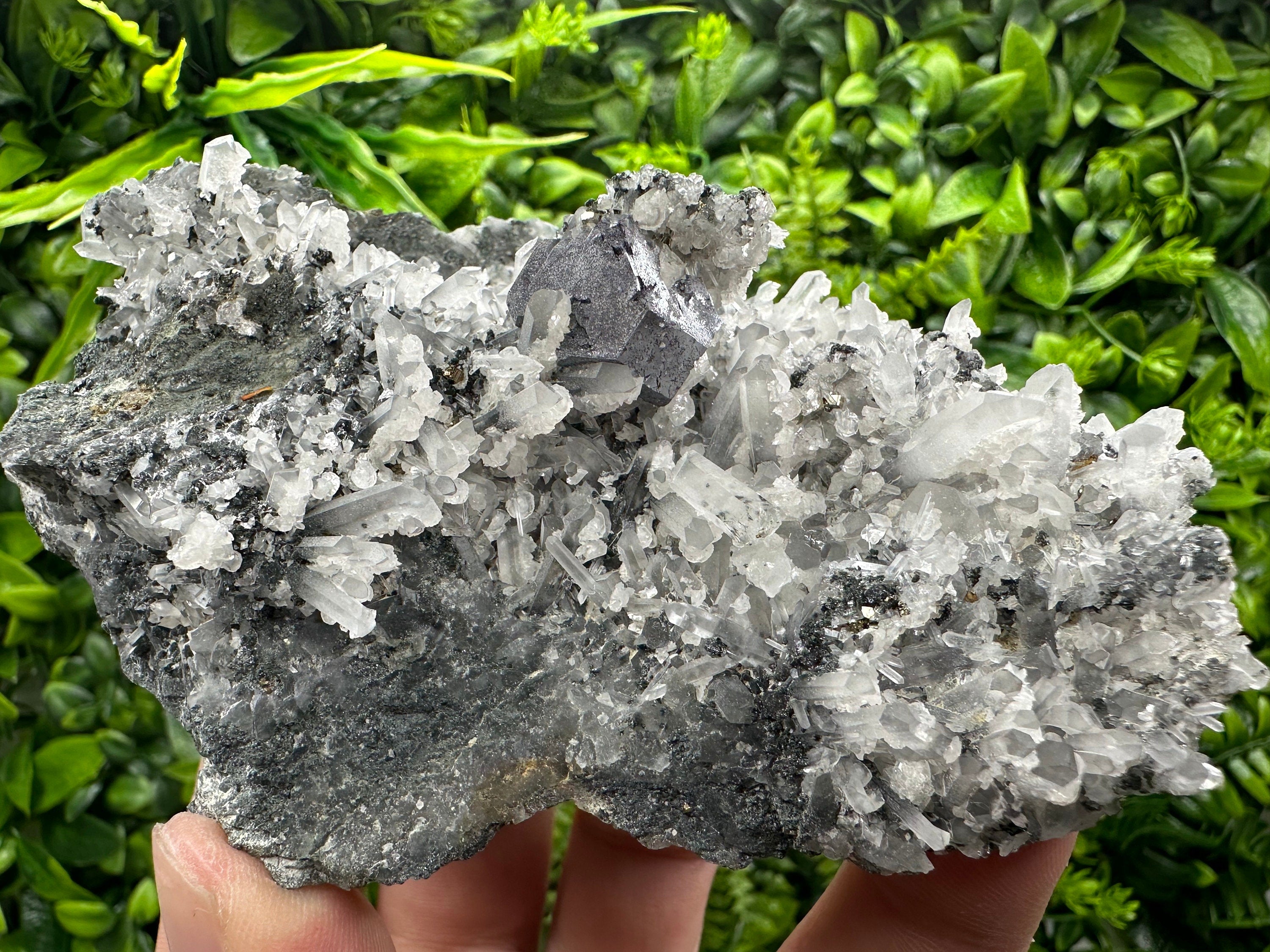 Galena on Quartz Specimen with Calcite, Madan Bulgaria