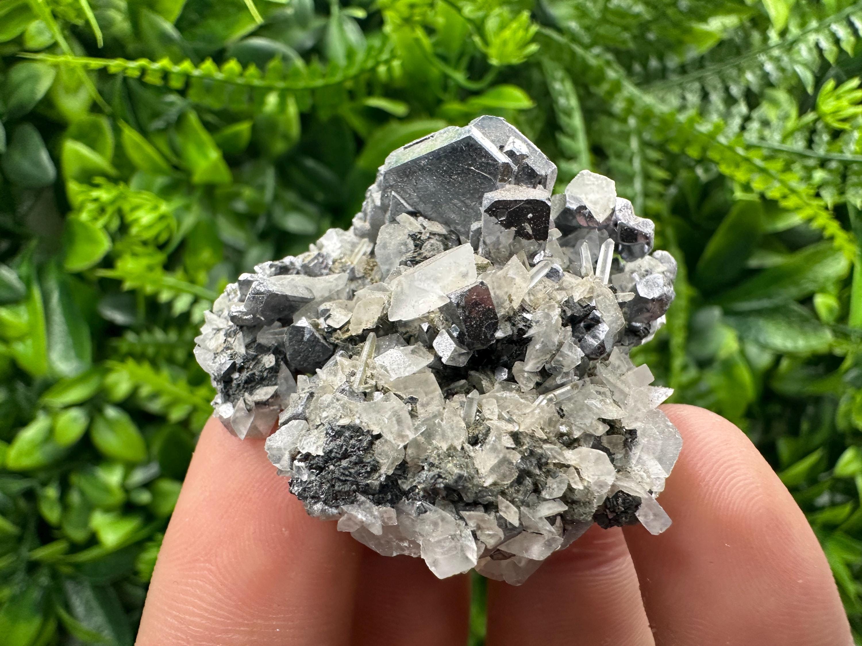 Galena Spinel Law on Quartz with Calcite, Bulgaria Mineral Specimen