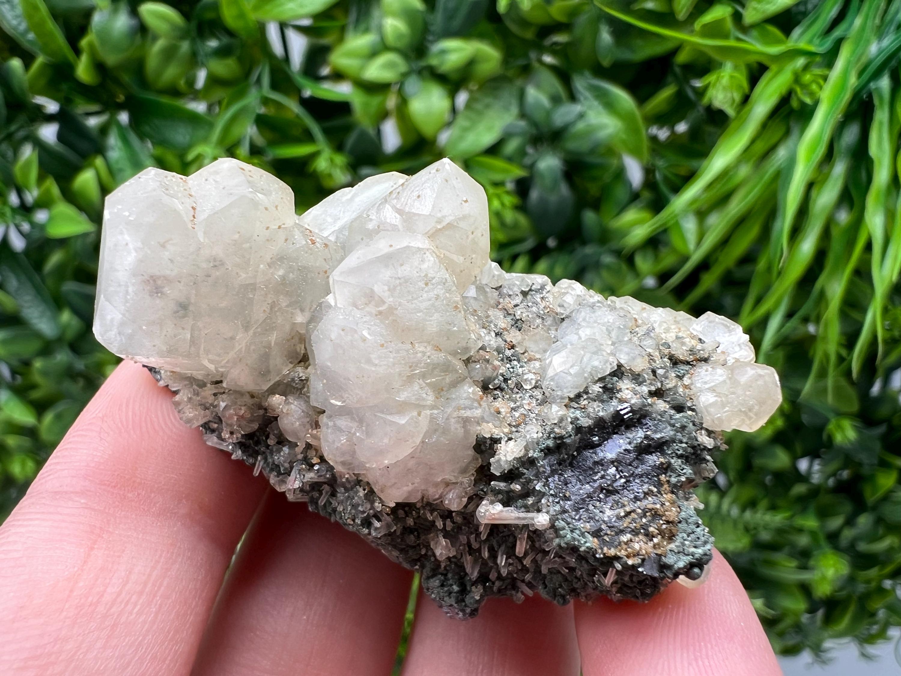 Calcite on Green Quartz Crystal - Borieva Mine, Bulgaria
