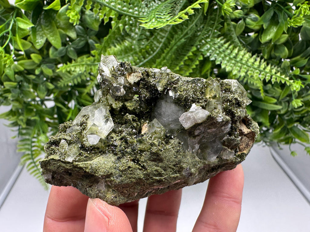 Rare Green Epidote with Quartz Crystals: Sparkly Rainbow Stone Decor