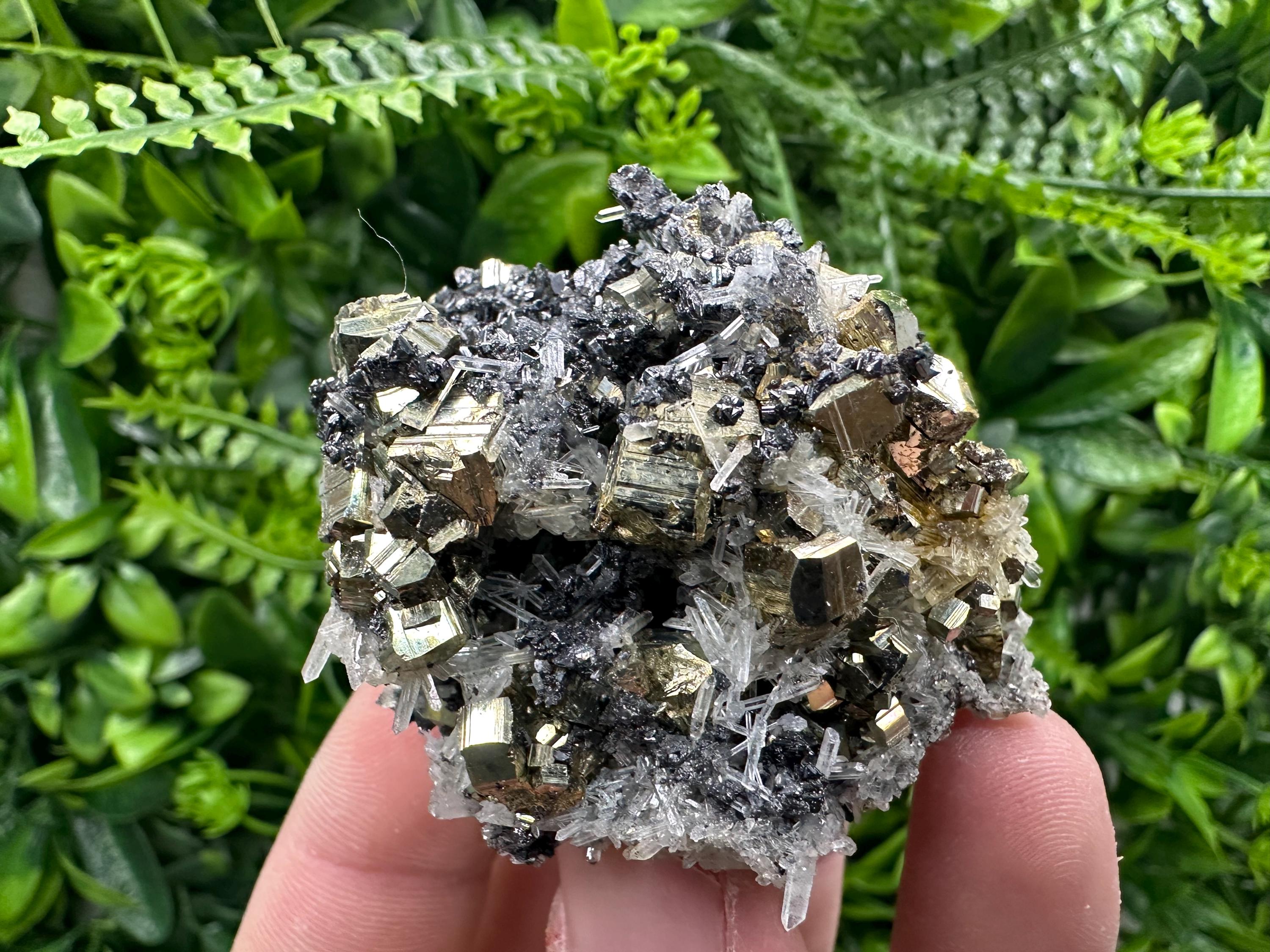 Rainbow Pyrite Cluster on Sphalerite Quartz, Borieva Mine Mineral Specimen