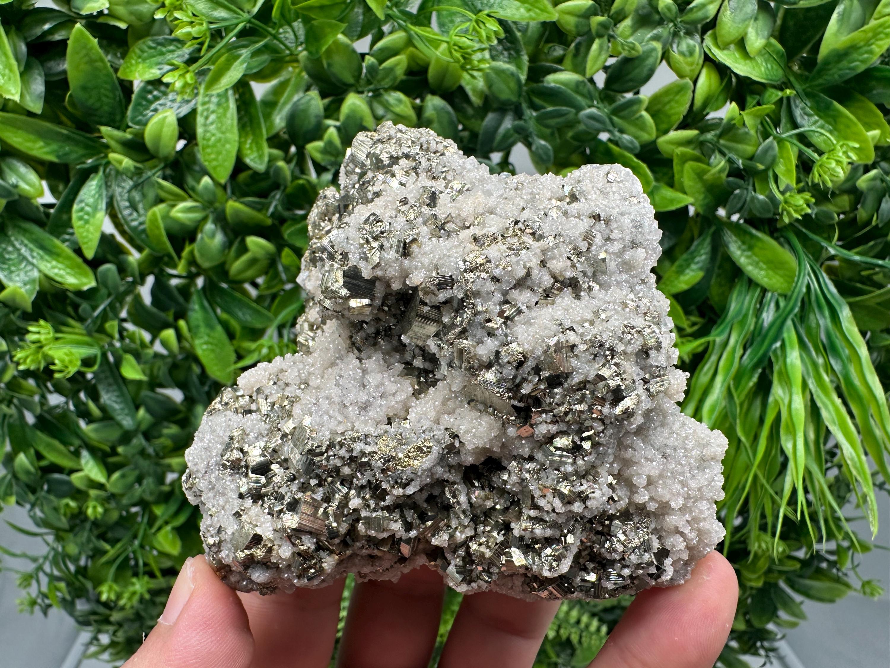 Pyrite on Quartz, Calcite Mineral Specimen, Bulgaria