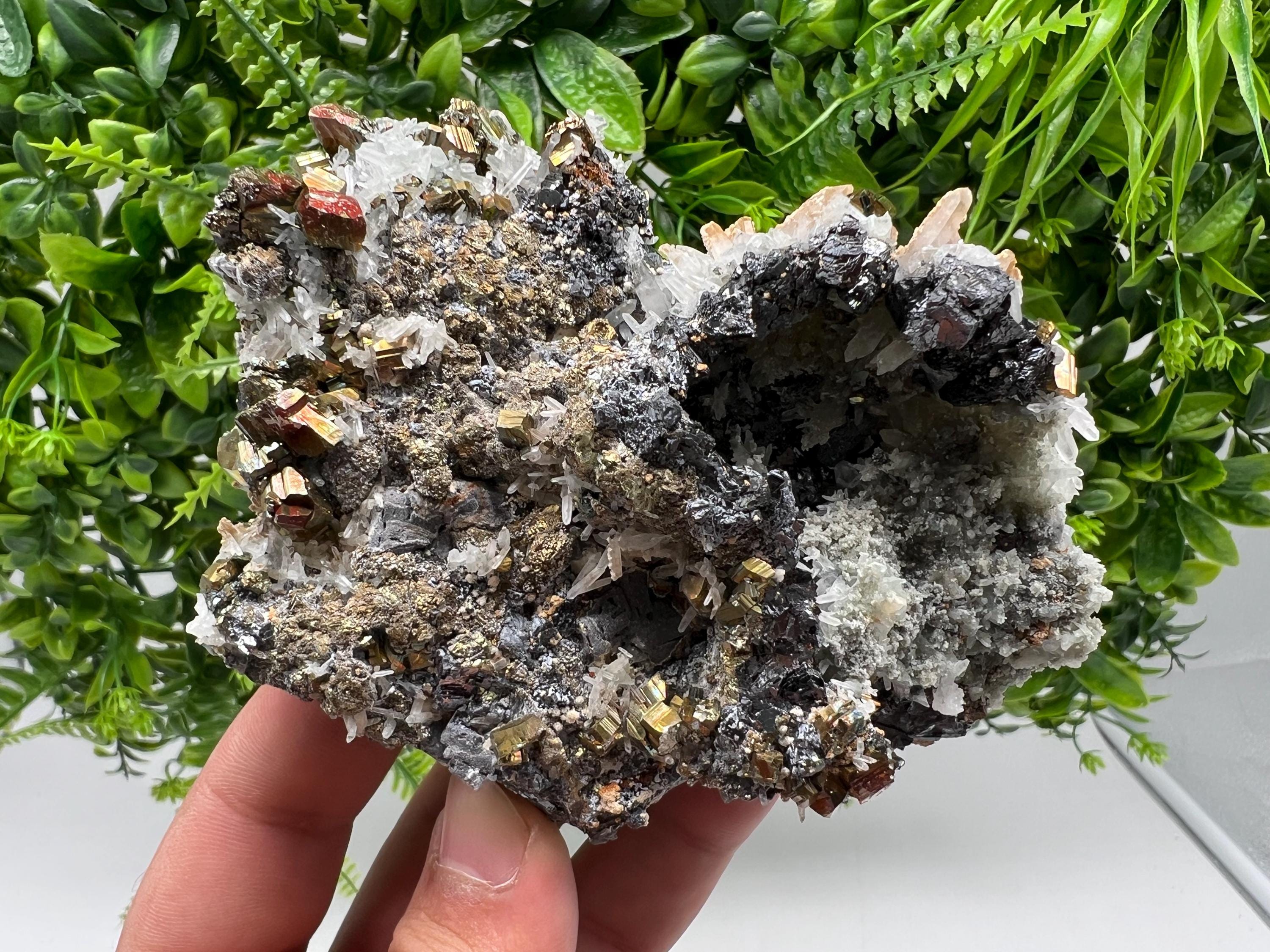 Wonderful Rainbow Pyrite,Sphalerite on Quartz from 9 th September mine,Madan,Bulgaria natural,collectibles mineral specimen,home decor stone