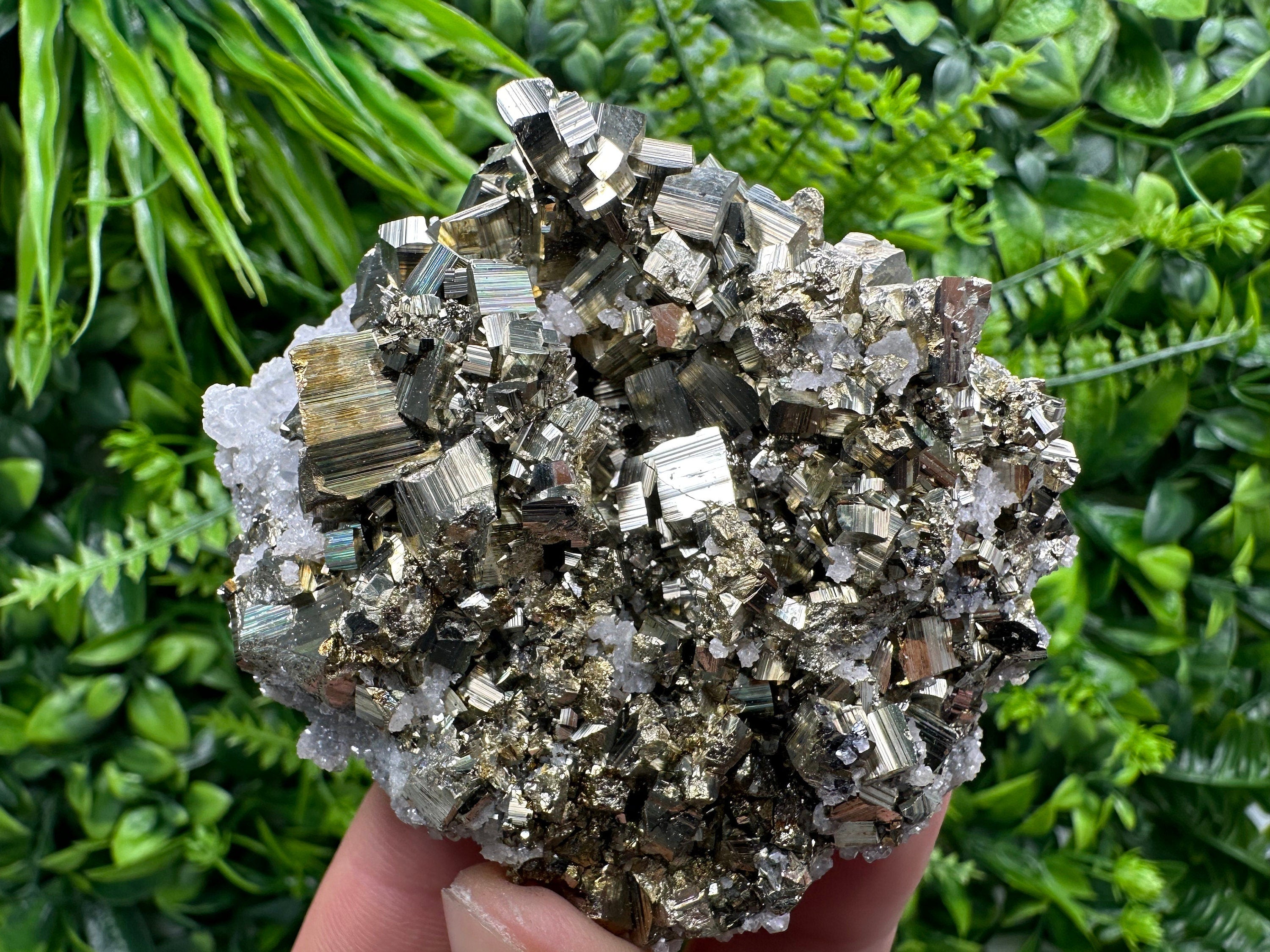Rainbow Pyrite on Calcite Cluster, Bulgaria Mineral Specimen