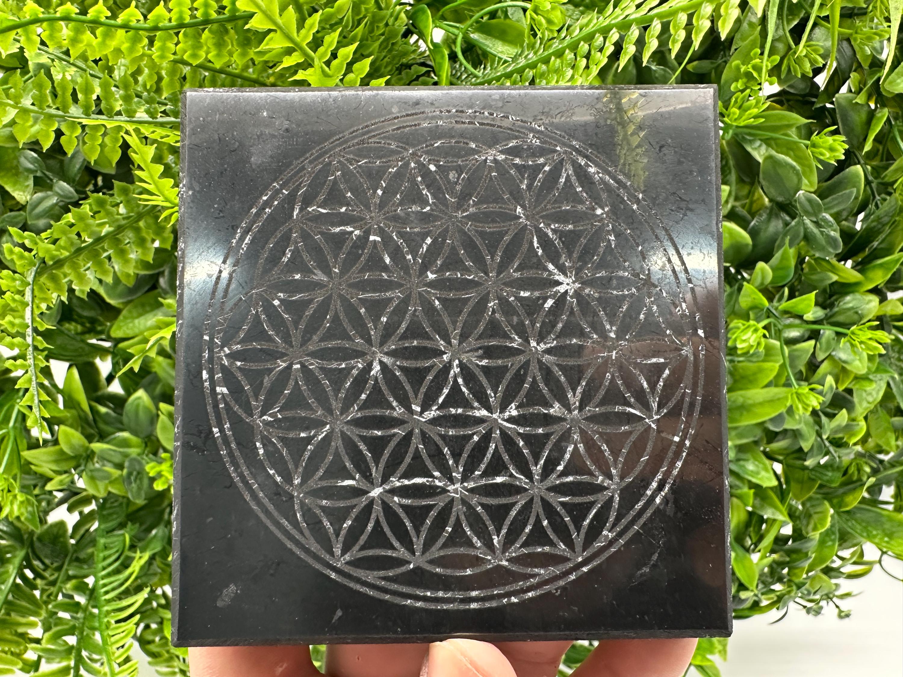 Shungite Plate, Flower of Life, Polished Stone from Russia
