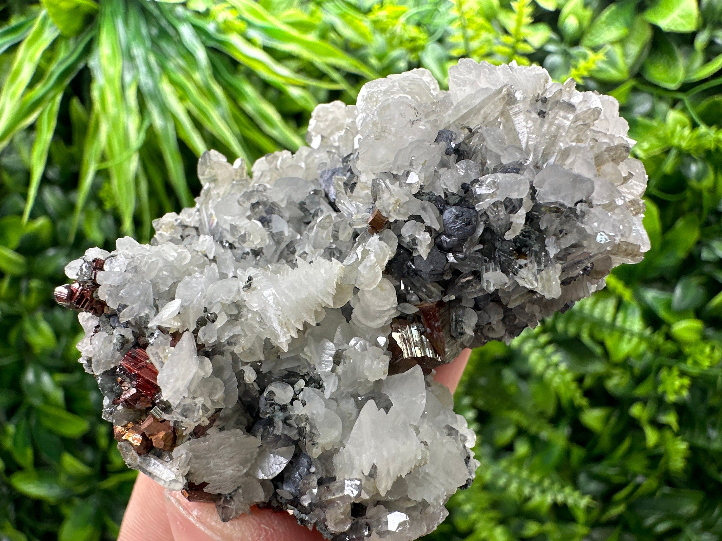 Pyrite Calcite on Quartz Crystal: Borieva Mine, Bulgaria