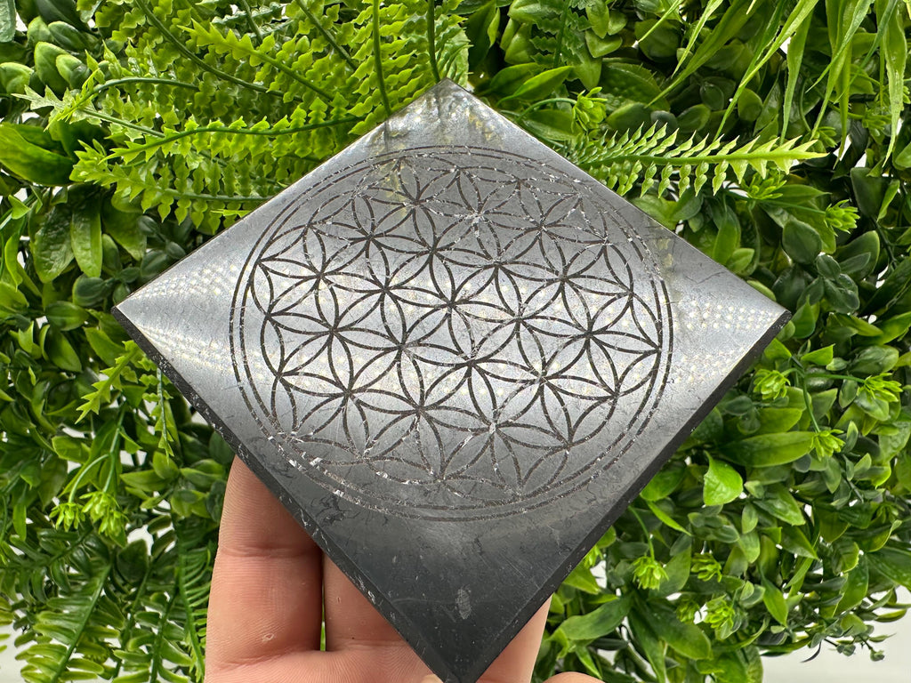 Shungite Plate, Flower of Life, Polished Stone from Russia