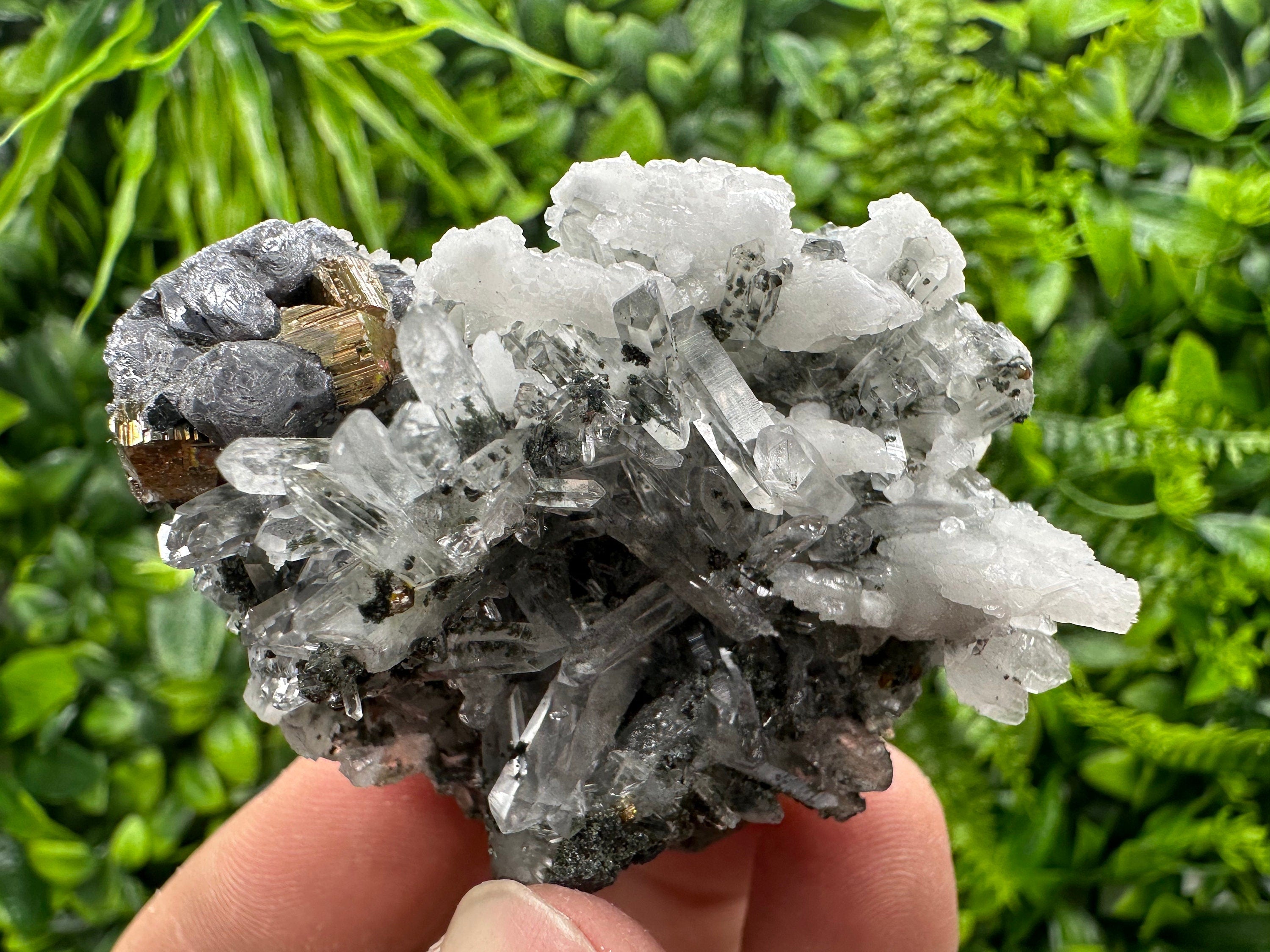 Fluorescent Galena Pyrite Calcite on Quartz - Borieva Madan Mineral