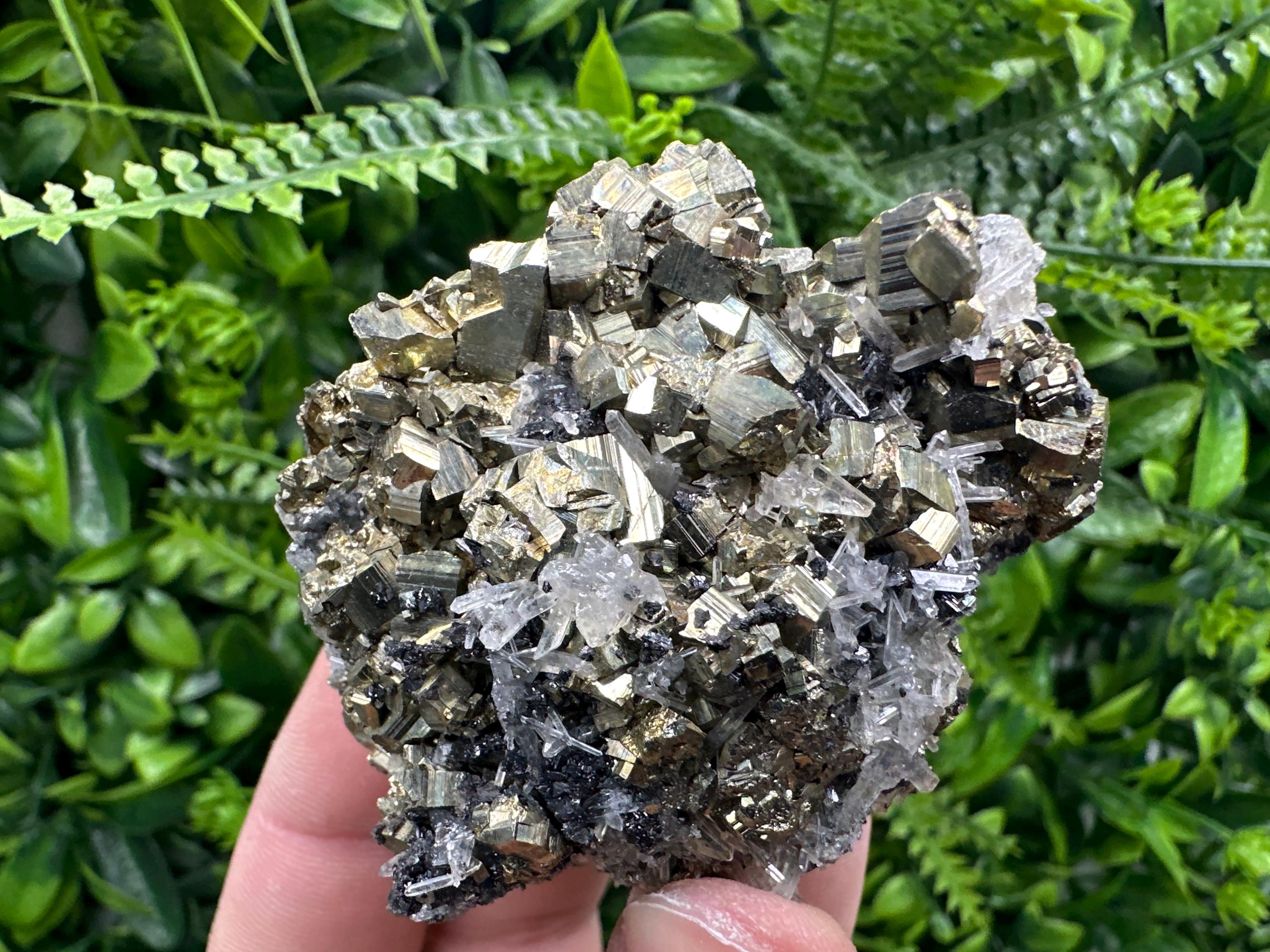 Rainbow Pyrite Cluster on Sphalerite Quartz, Bulgaria Mineral Specimen