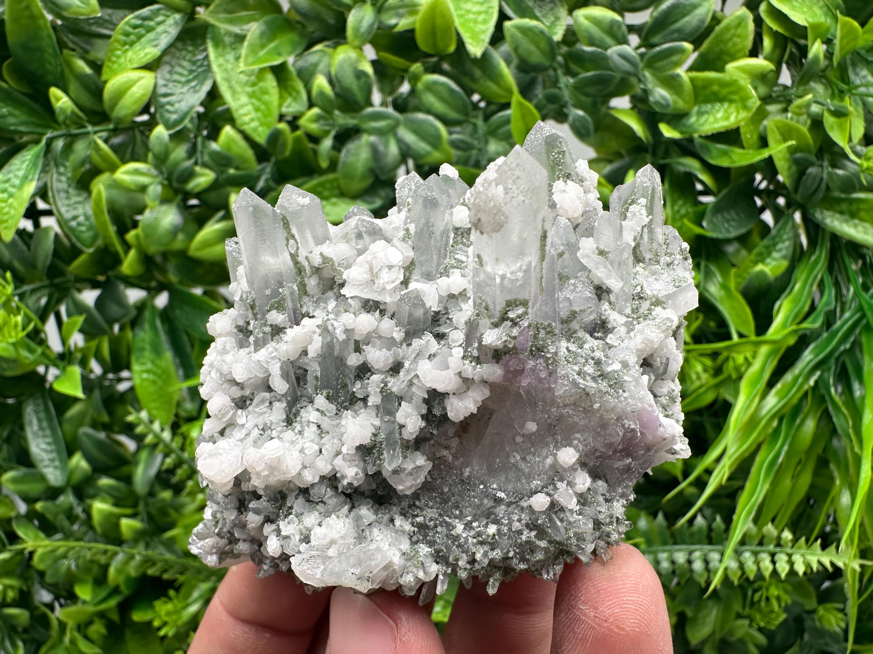 Calcite on Quartz with Amethyst and Chlorite, Bulgaria Mineral Specimen