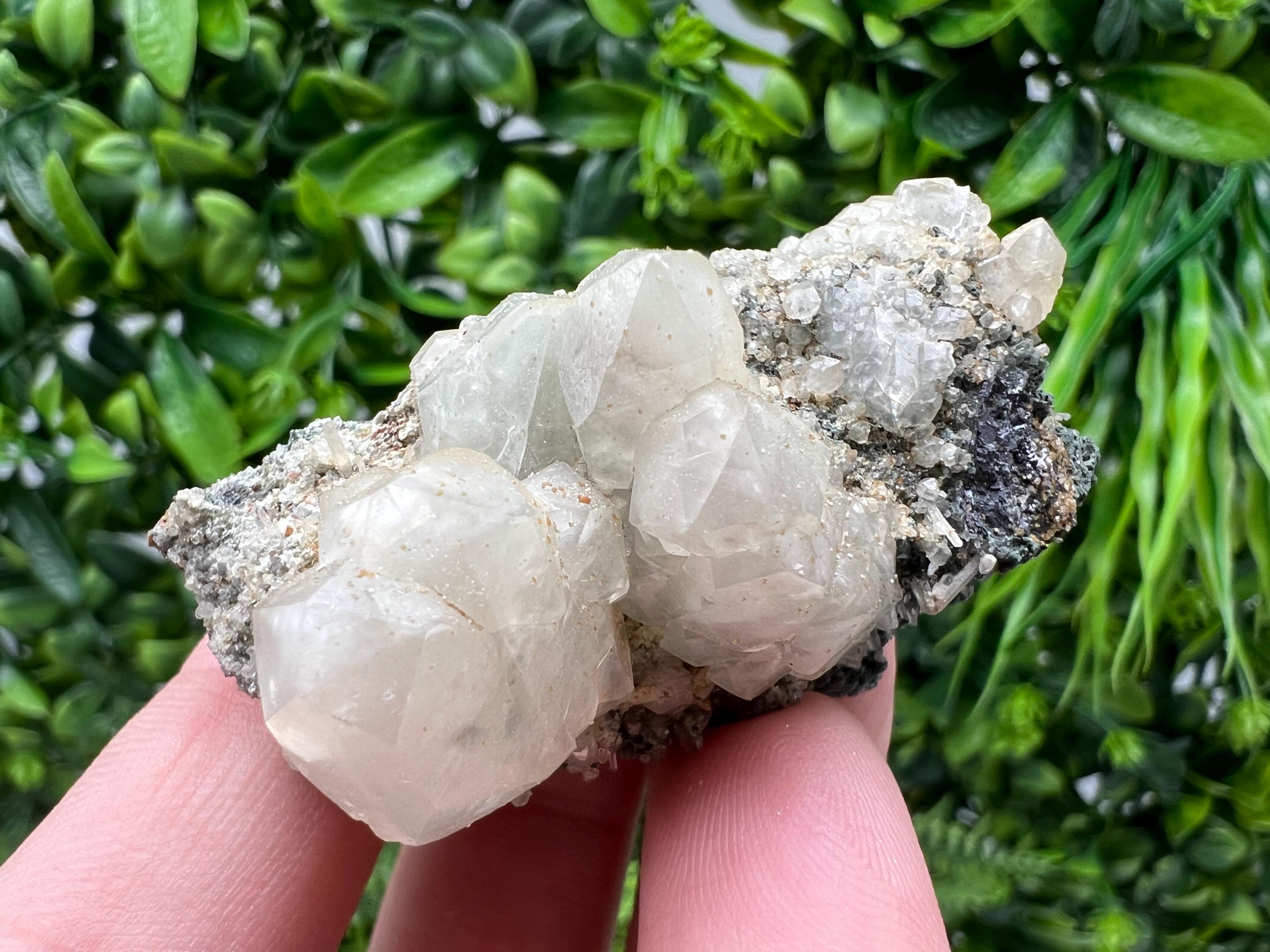 Calcite on Green Quartz Crystal - Borieva Mine, Bulgaria