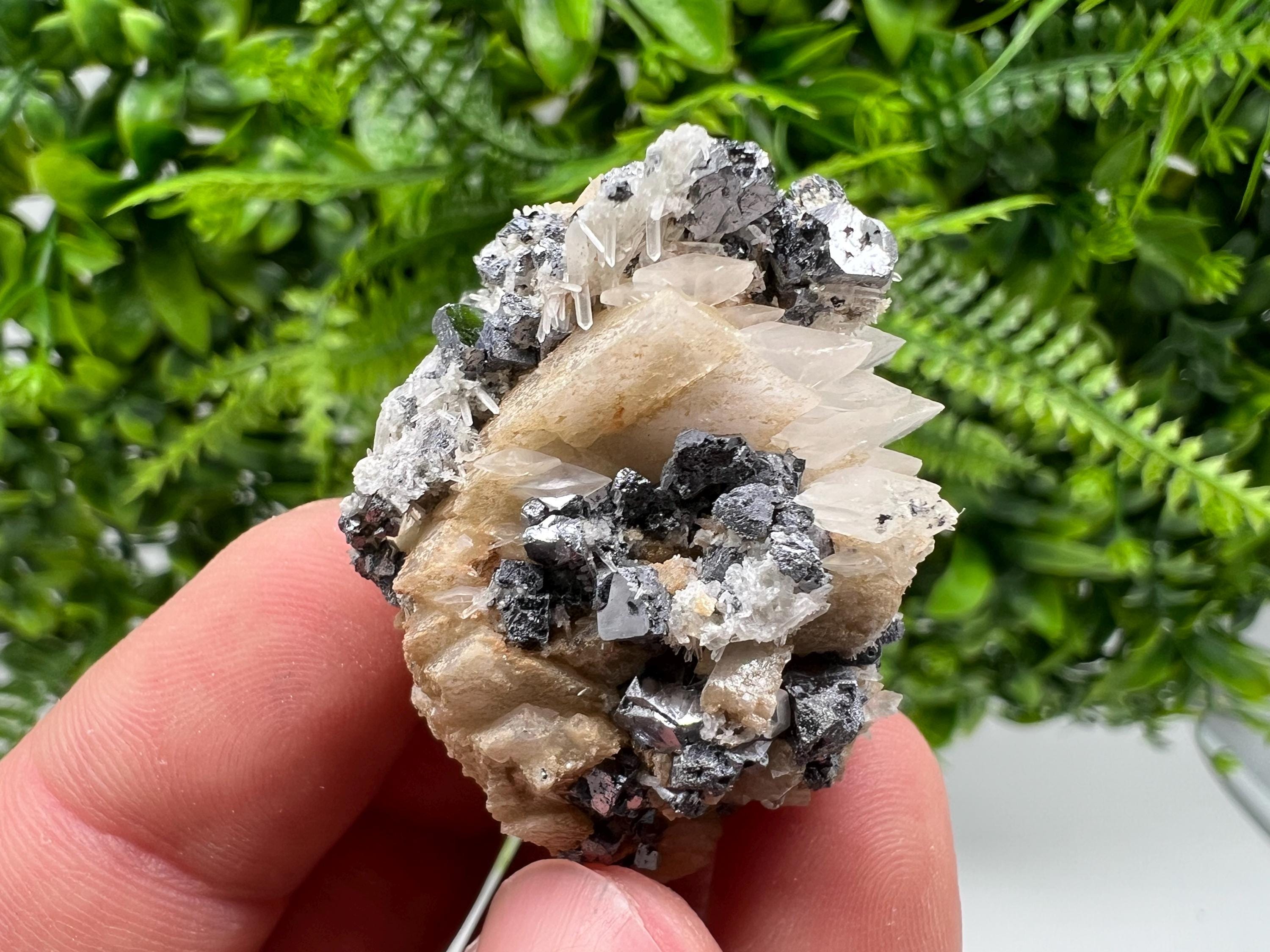 Shiny Galena, Chalcopyrite on Calcite, Quartz Mineral Specimen