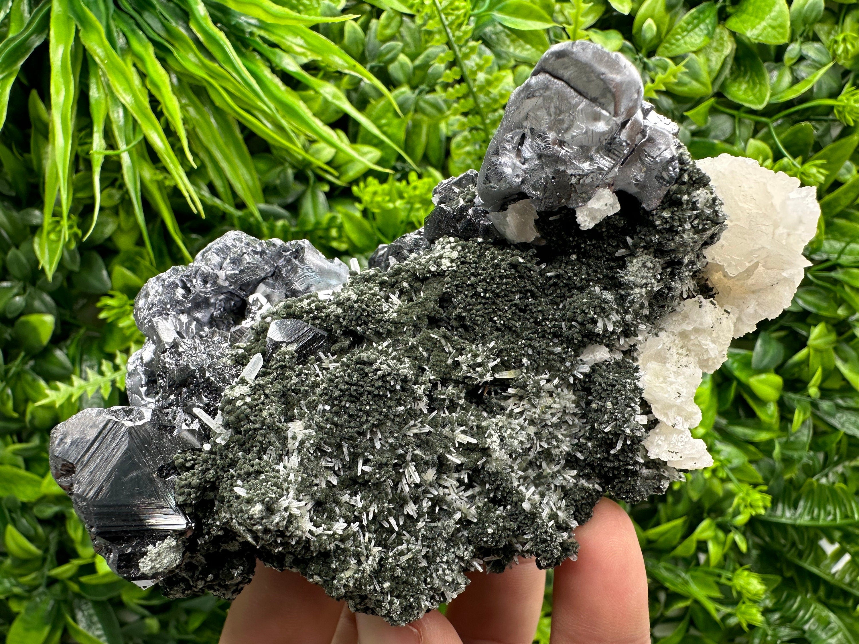 Galena Sphalerite Mineral Specimen, Calcite on Quartz, Bulgarian Crystal