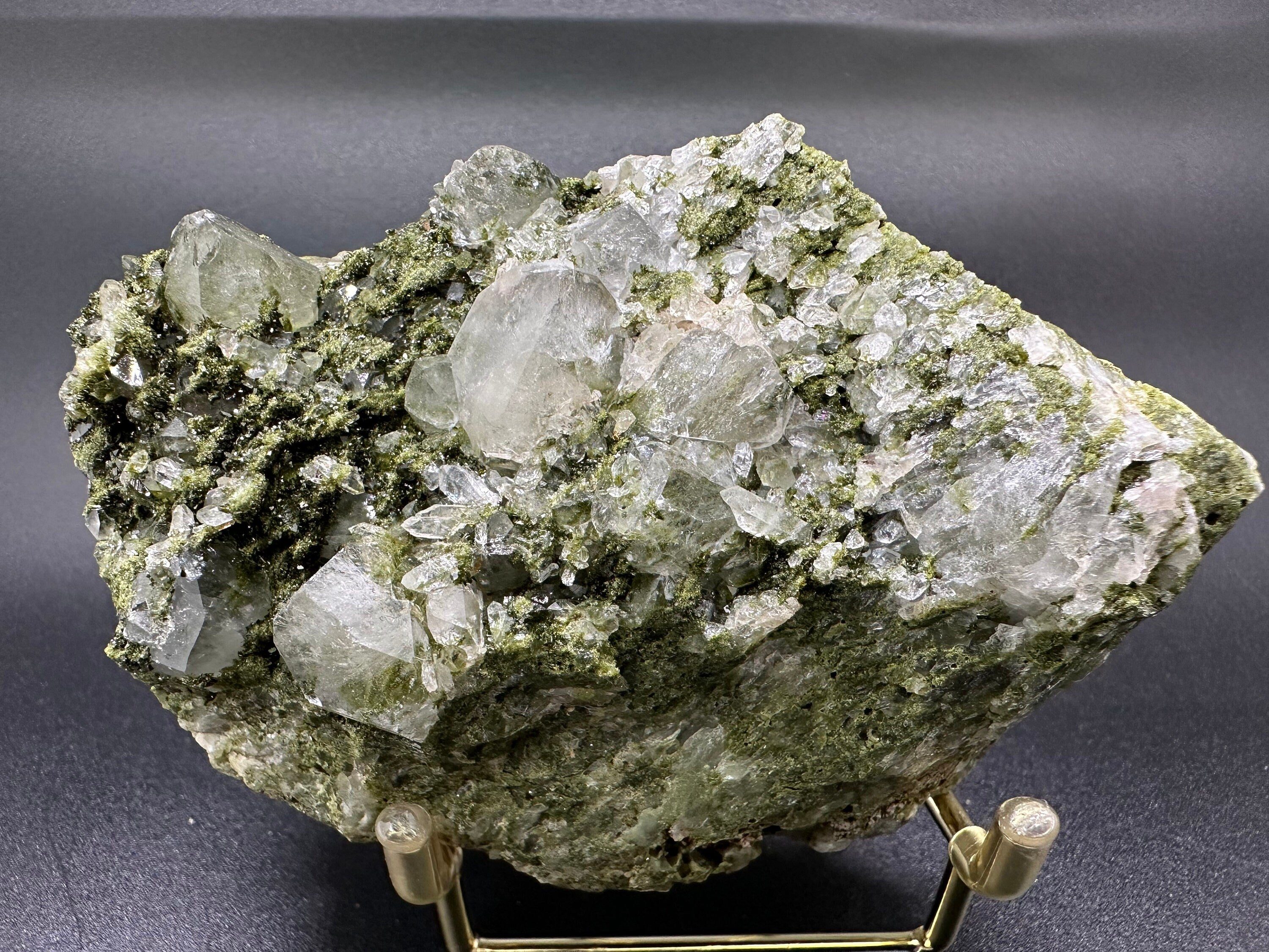 Rare Green Epidote with Quartz Crystals: Sparkly Rainbow Stone Decor