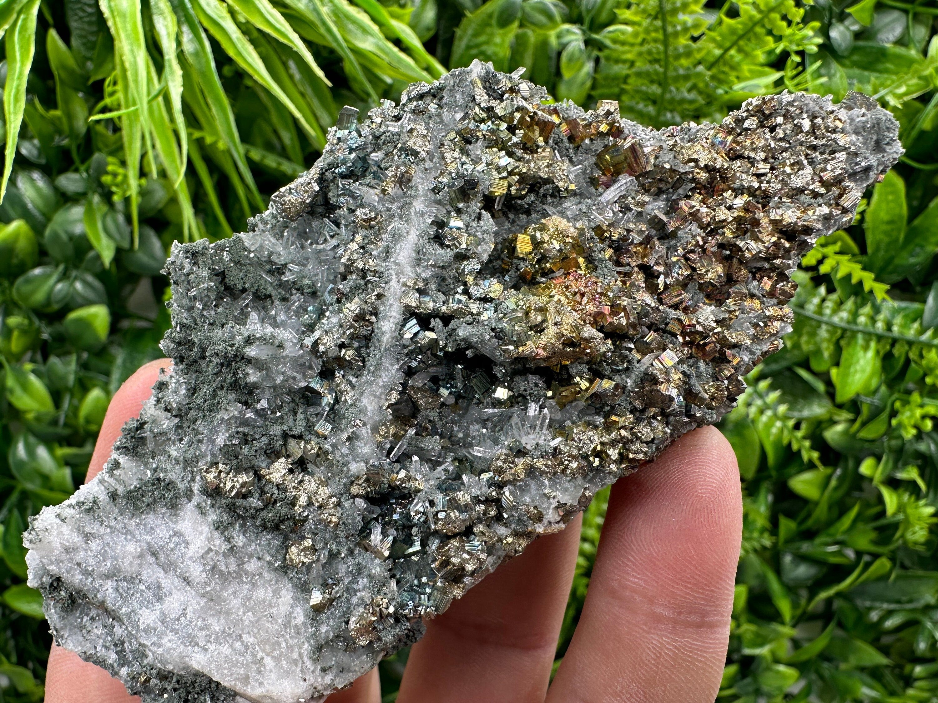 Pyrite on Green Quartz, Borieva Mine Bulgaria, Home Decor Stone