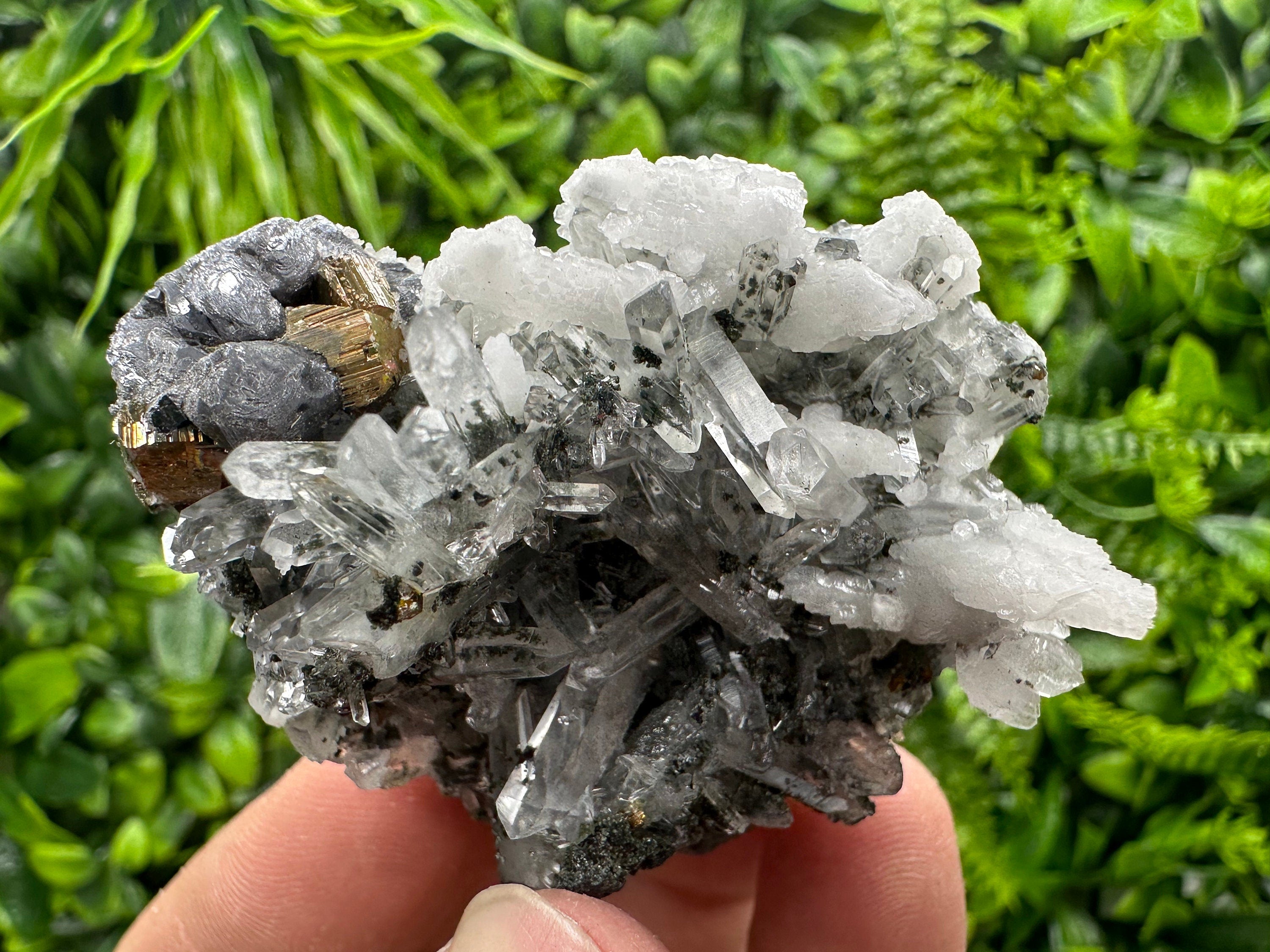 Fluorescent Galena Pyrite Calcite on Quartz - Borieva Madan Mineral
